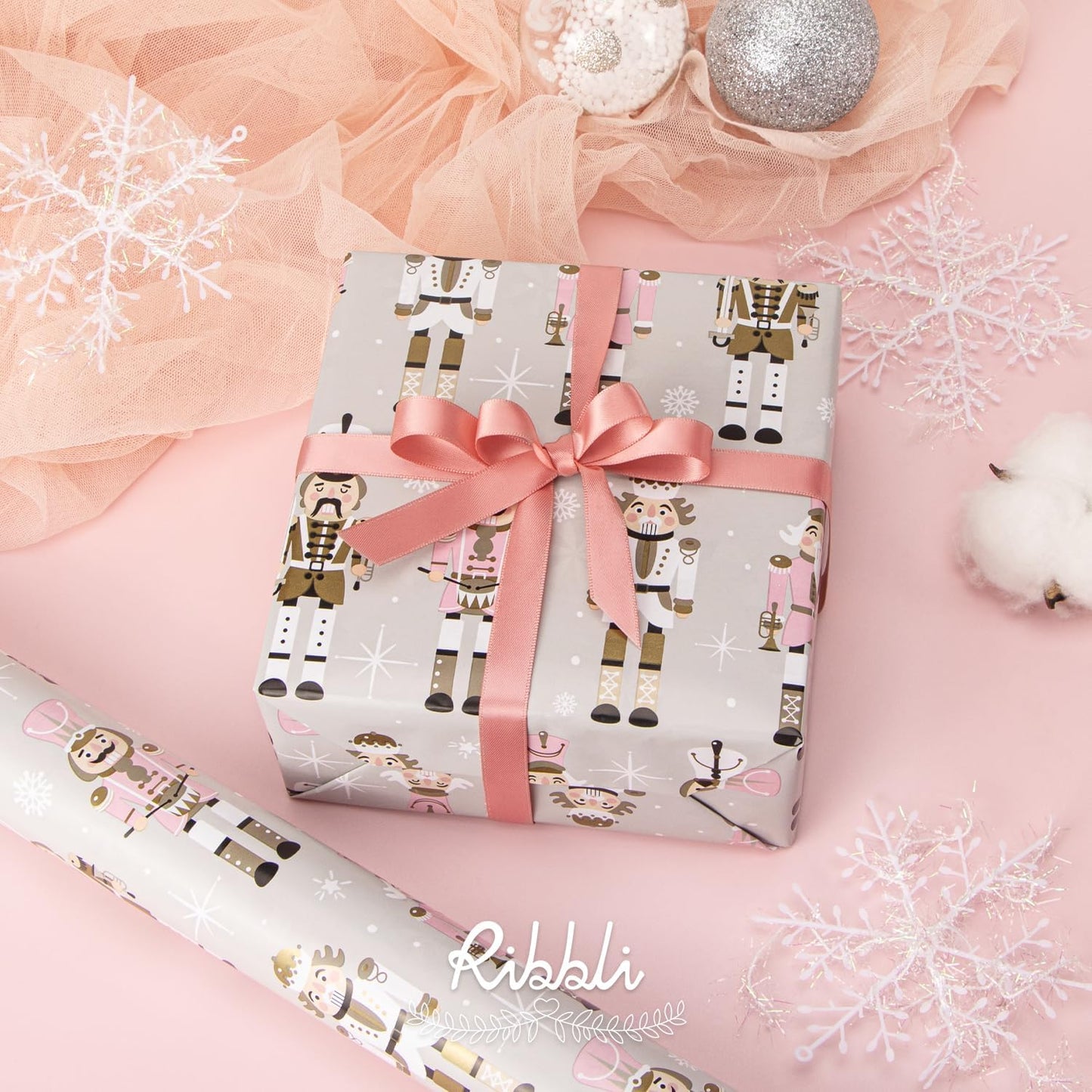 Ribbli Reversible Christmas Wrapping Paper Rolls, Nutcracker and Candy Cane Pink Gift Wrapping Paper-17 Inch x 33 Feet