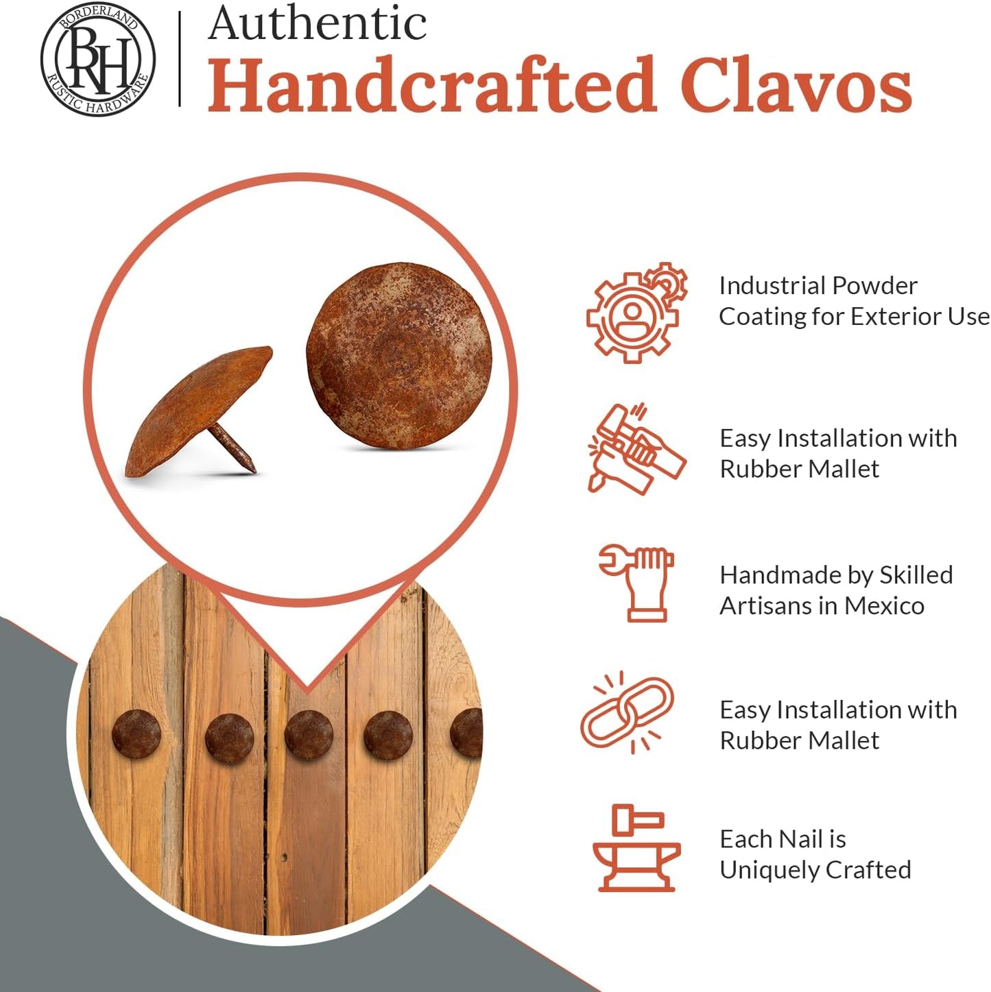 50 Pack 2" Round Head Iron Clavos Decorative Nails – Rusted – Handmade Rustic Round Fasteners for Farmhouse Shutters, Faux Wood Beams, Barn Doors, Shutters, Gates – Ornamental Wood Accent