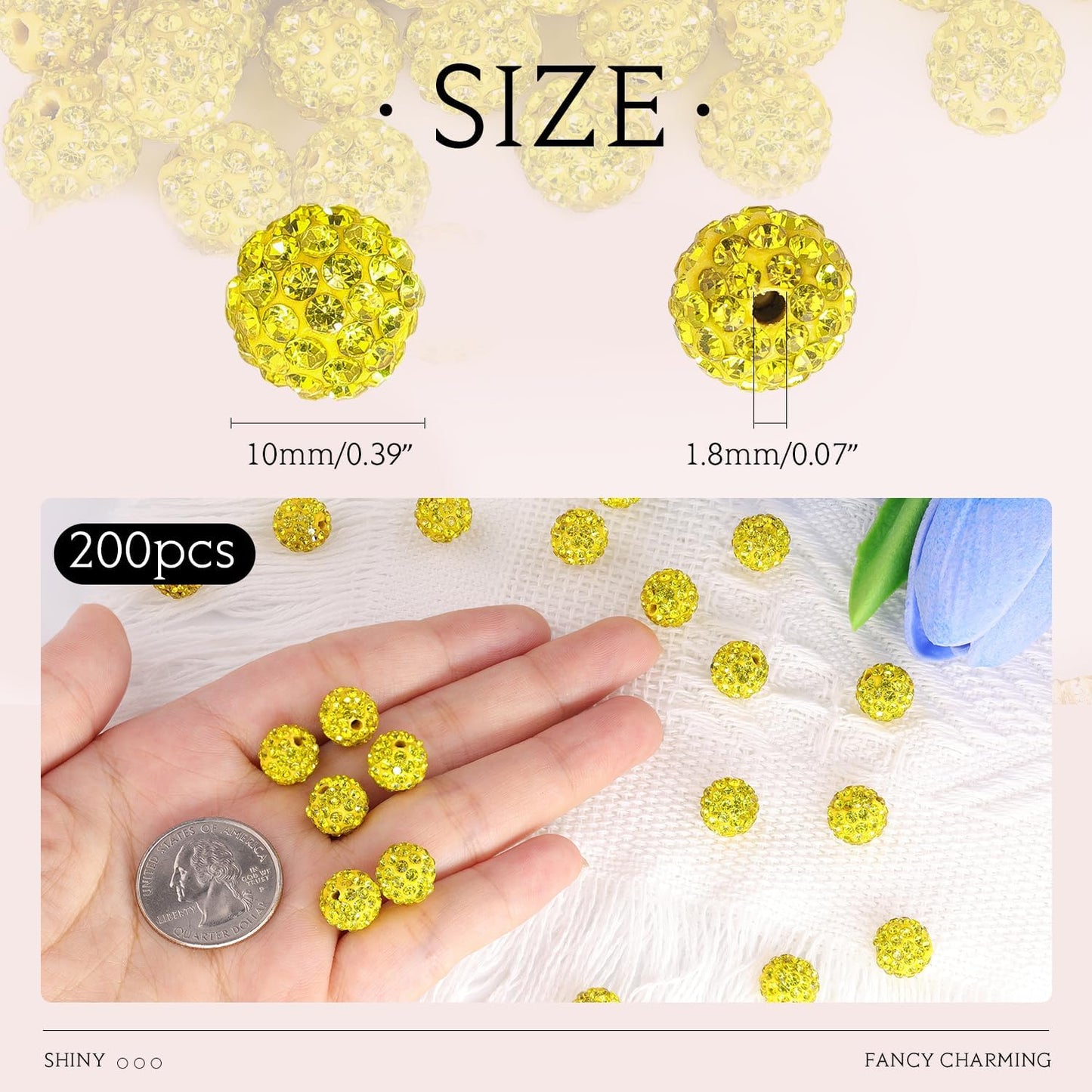 200pcs 10mm Citrine Rhinestone Beads for Jewelry Making, Shiny Round Shamballa Disco Ball Beads Bulk, Sparkle Crystal Clay Christmas for Bracelet Baseball Necklace Earring Crafting and DIY