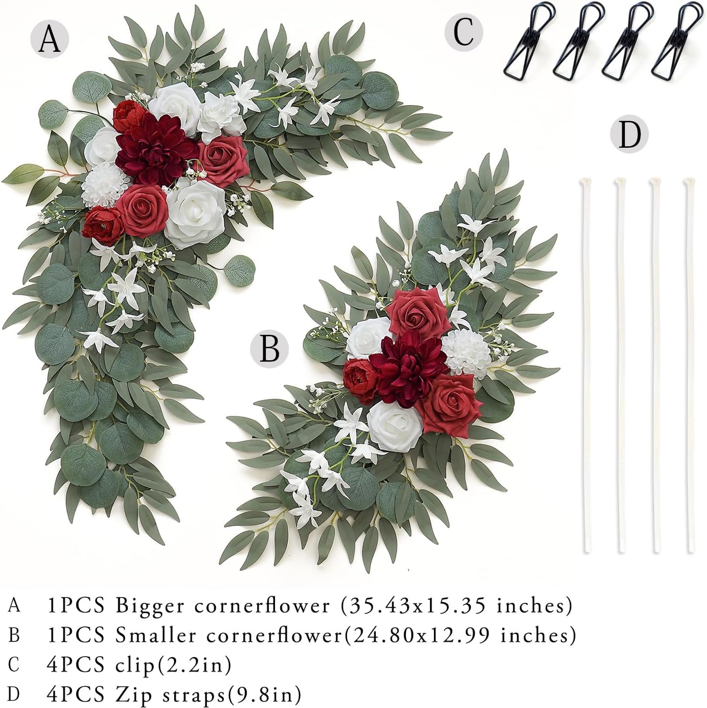 Artificial Flower Swag Set of 2 for Wedding Welcome Signs and Arch Flowers, Red Floral Decorations for Ceremony