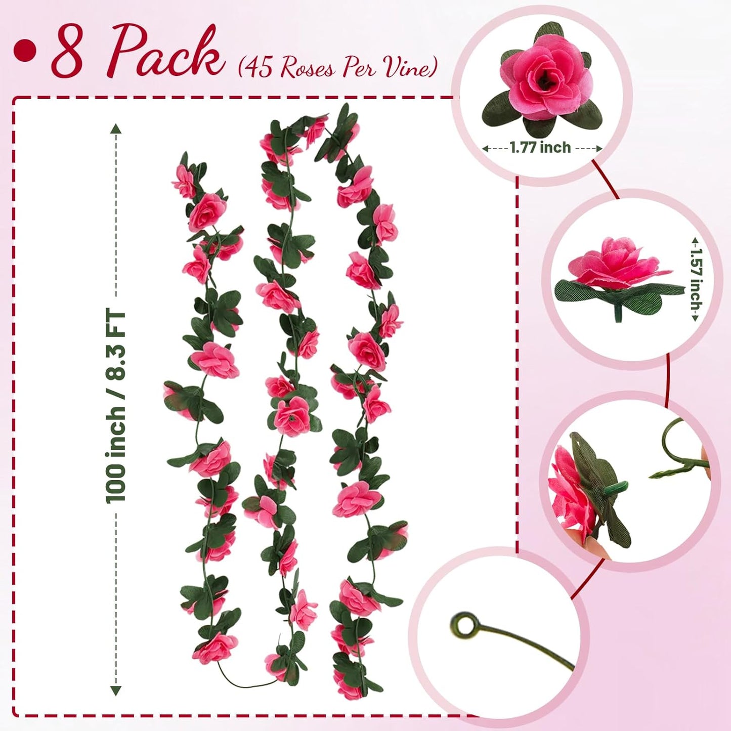 8 Pcs 65.6 Ft Flower Garland Rose Vines, Rose Garland for Decoration, Flower Vine for Room Table Birthday Wedding Party Garden Wall Decor