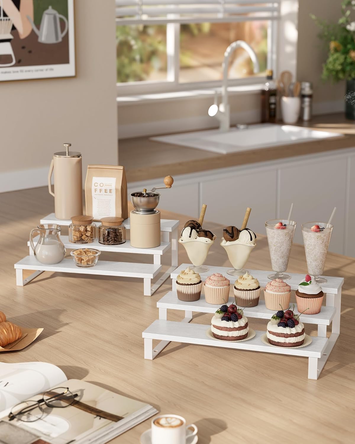 SONGMICS Display Risers, Set of 2 Engineered Wood Perfume Organizer Stand, 3-Tier Cupcake Stand Holder, Spice Rack, Shelf Risers for Figures, Dessert Shelves, Snow White and Cloud White UKCS116W01