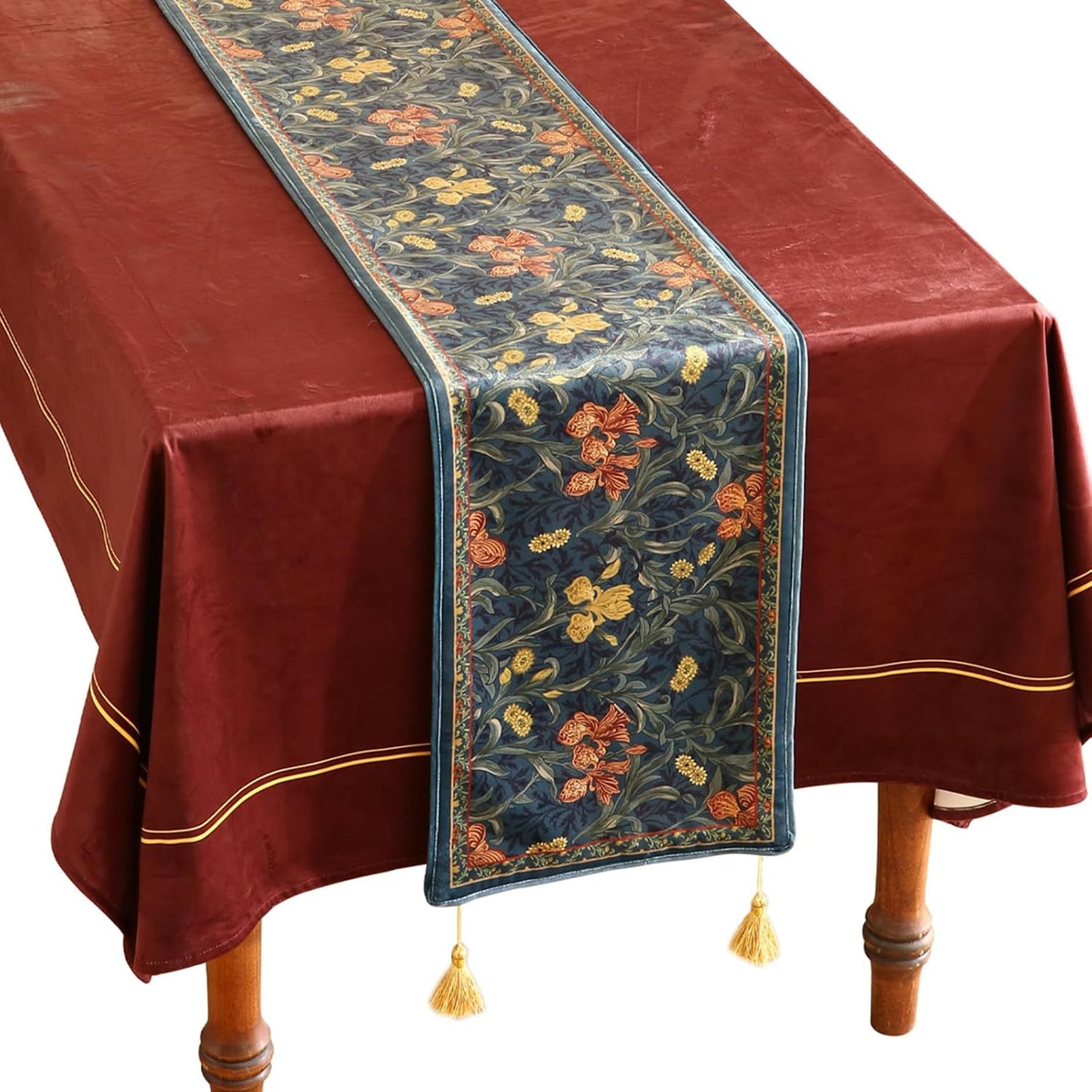 patdrea Designer Casual Wild Floral Velvet Table Runner 102 Inch Long, Dark Blue Occult Bouquets Pattern Table Mat, Decoration for Kitchen Dining Coffee Table Cabinet Banquet Thanksgiving,12"*102"