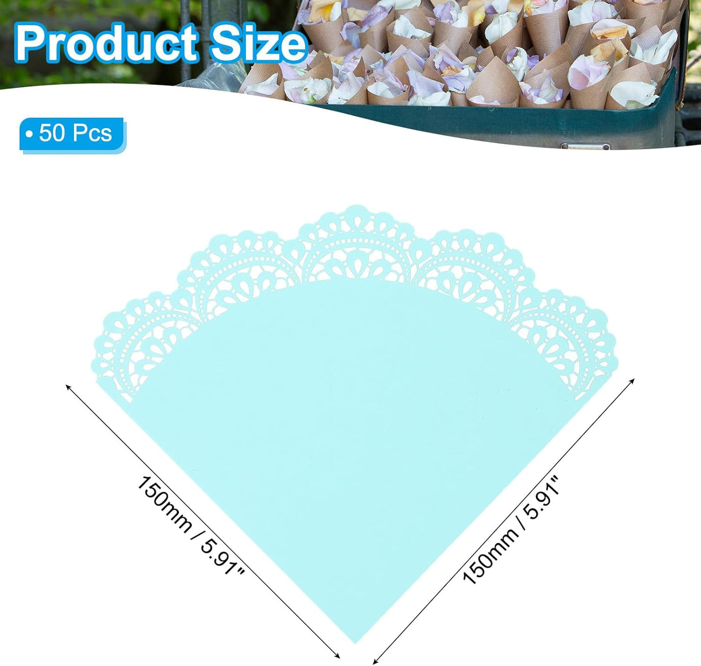 PATIKIL Wedding Confetti Cones, 50 Pcs Paper Tapers Hollow Print Lace Cone Bouquet for Party Candy Gift Boxes Chocolate Bags Buffet Bachelor Party Petals, Light Blue