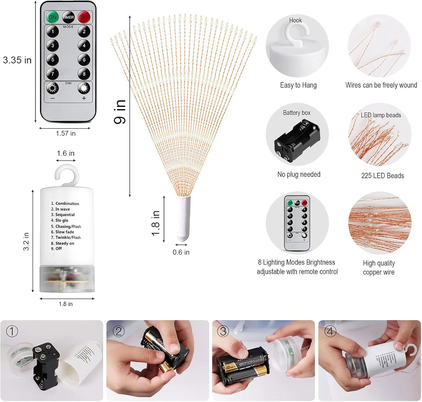 4 Pack String Lights - 225 LED 8 Modes Dimmable with Remote Control, Waterproof Copper Wire Decorative Hanging Bursting Star Lights for Party, Patio, Garden Decoration (Warm White)