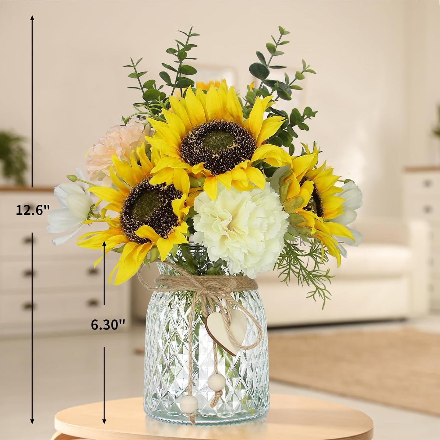 Artificial Sunflower Bouquets - Silk Fake Flowers with Vase, Centerpieces for Dining Room and Coffee Table Decor