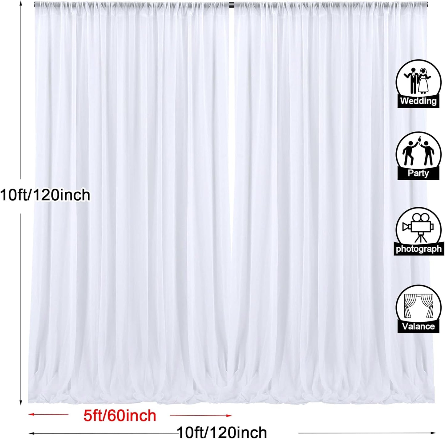 PARTISKY 10x10ft White Chiffon Sheer Backdrop Curtains (2 Panels 5x10ft Each) -Wrinkle-Free Drapes for Wedding, Birthday Party & Photography Stage Decor