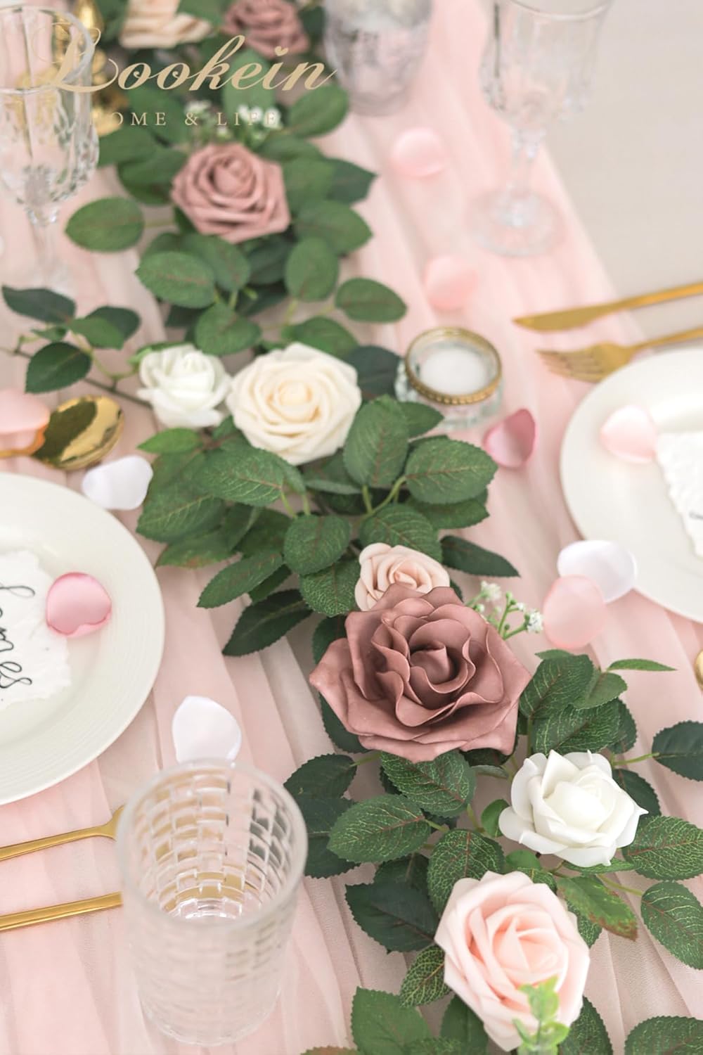 Lookein Artificial Rose Flower Garland Greenery Garland 5FT for Wedding Ceremony Backdrop Arch Flowers Table Centerpieces Decorations, Garden Dusty Rose