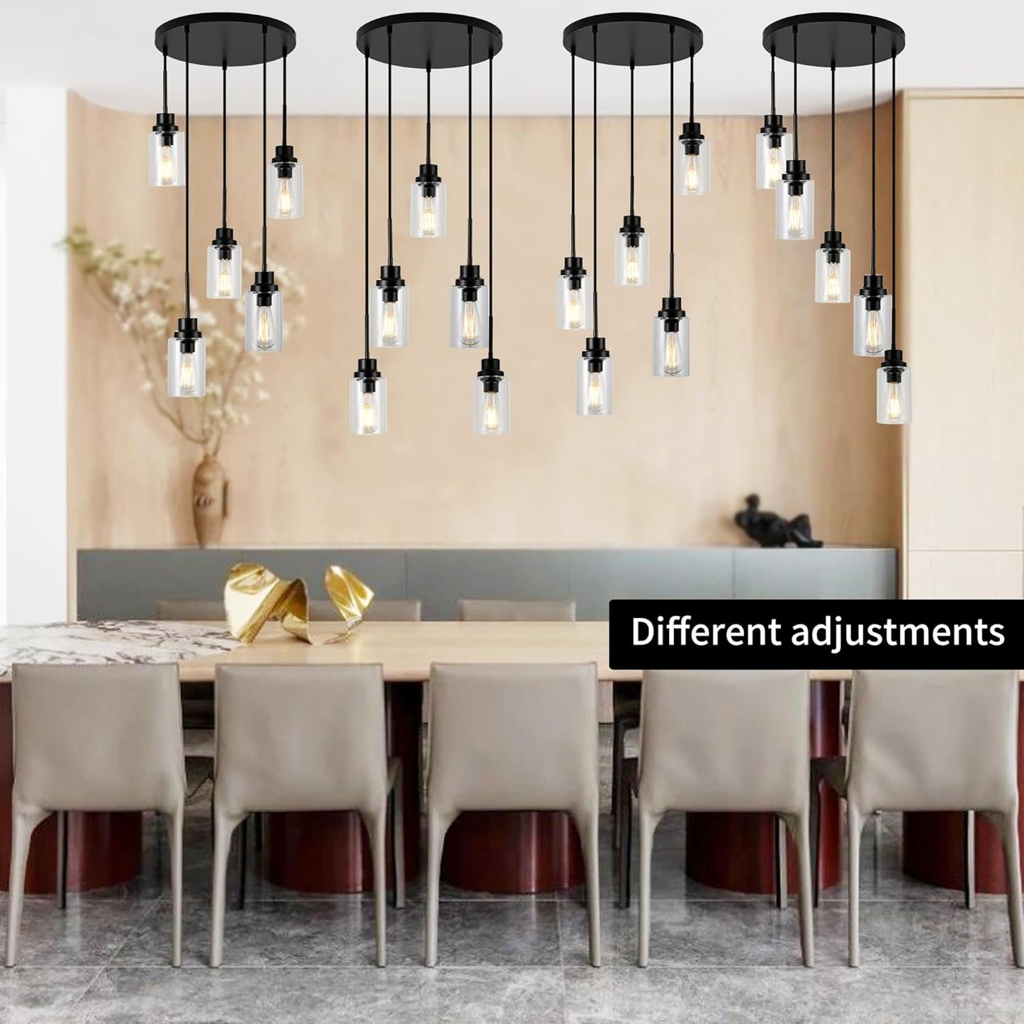 5-Light Kitchen Island Dimmable Pendant Lights with Clear Glass Shade, Black Finish for Dinning Room, Living Room, Kitchen Island
