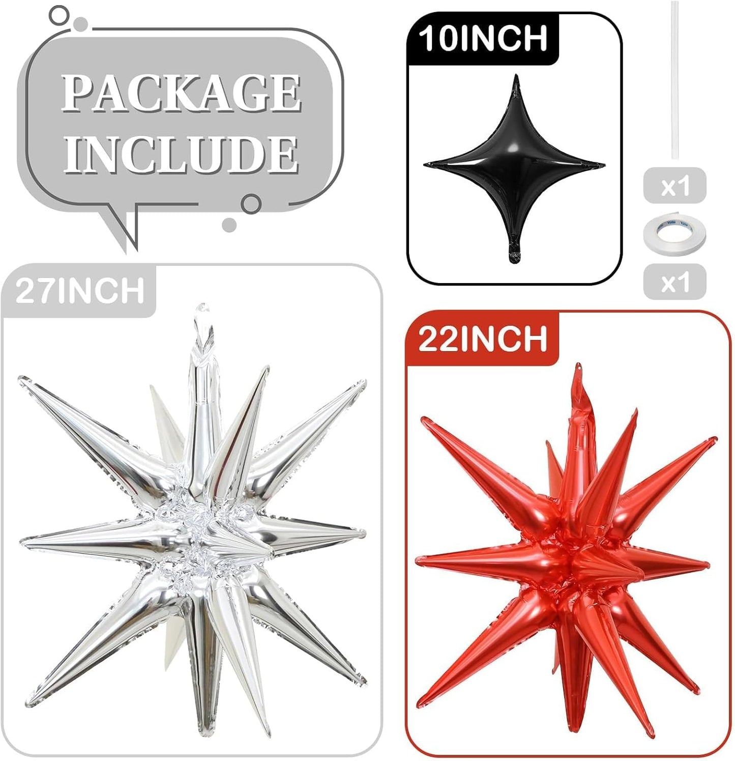 Black Red Silver Star Balloons 12pcs, 27/22 Foil Inch Star Explosion Balloons, Large Spike Mylar Cone Balloon, Fireworks Shape Balloon Decor for New Year Casino Night Racing Car Theme Prom
