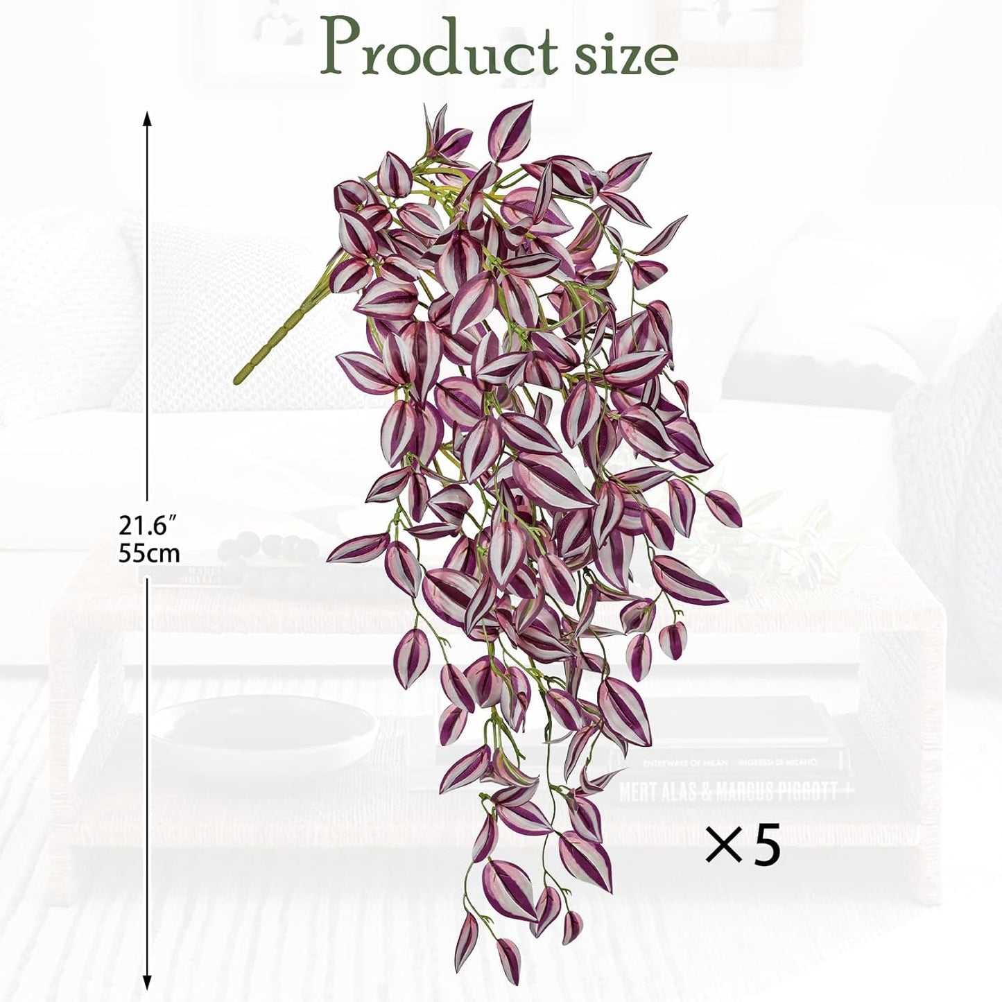 DILATATA Fake Hanging Plants Artificial Hanging Plants 22" Faux Wandering Jew Hanging Leaves Plant for Wall Shelf Home Indoor Outdoor Decor - 5 Pack