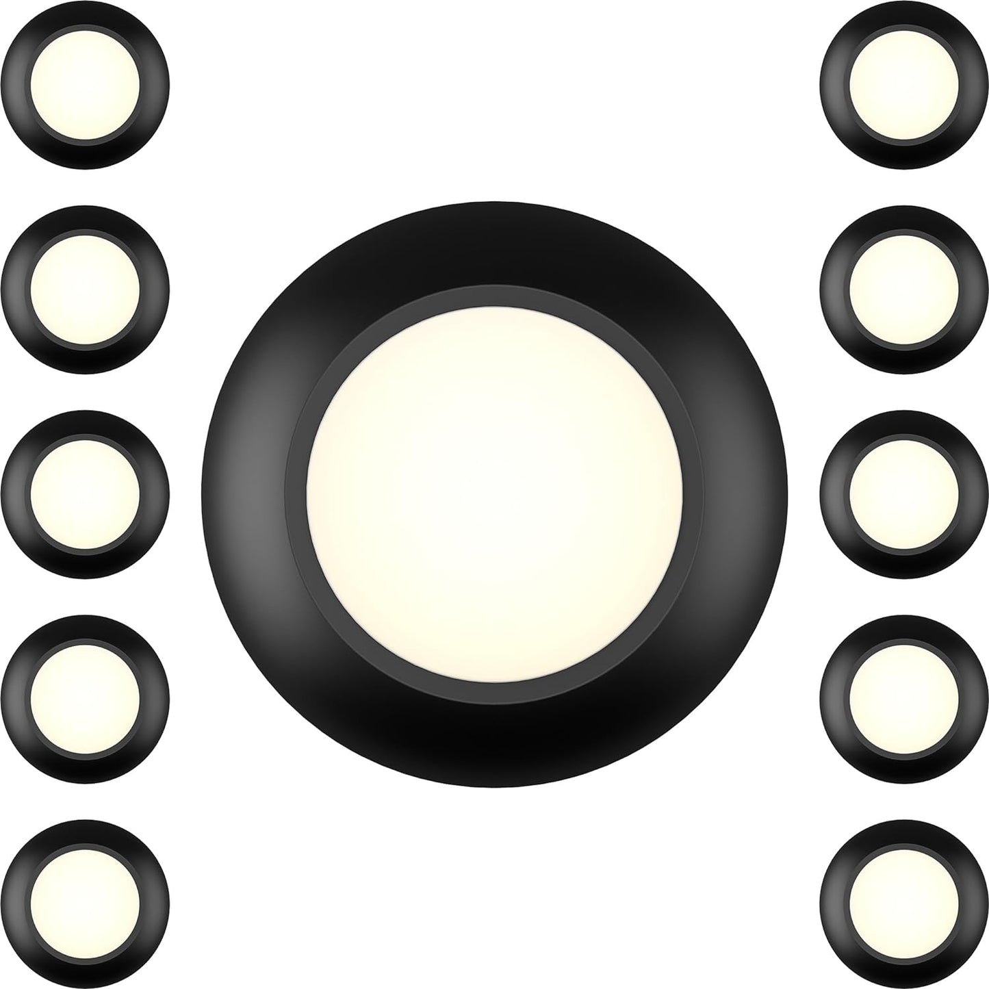 10 Packs 4 Inch Black LED Low Profile Recessed & Surface Mount Disk Light, Round, 10W, 600 Lumens, 3000K Warm White, CRI80, DOB Design, Dimmable, ETL Listed