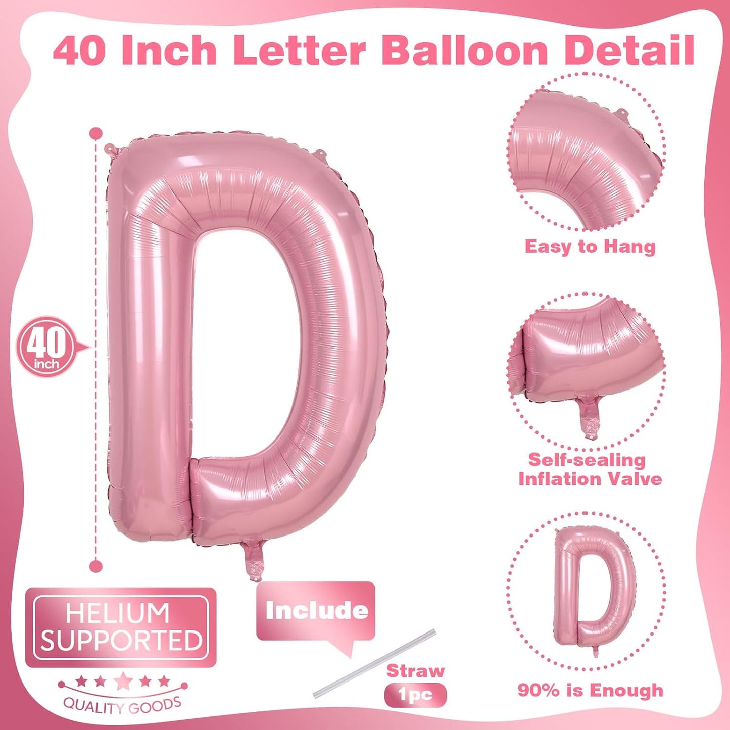 Pastel Pink D Letter Balloon, 40 Inch Giant Light Pink Mylar Foil Letter D for Girls, Self Inflating D Birthday Balloon for Girl Baby Shower Women Anniversary Princess Party Decorations Supplies