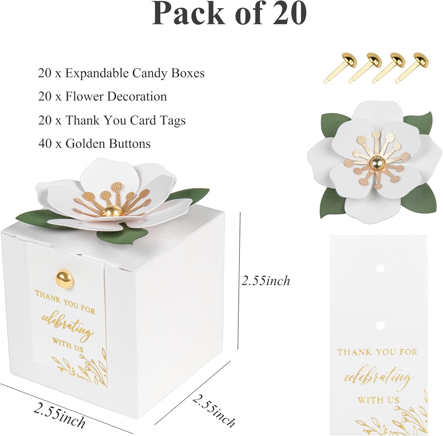 FEIYI 20 PCS Favor Boxes, 3 In 1 White Candy Boxes with Floral Decor, White Thank You Tags Gold Foil Print Gift wrapping for Wedding, Baby Shower, Birthday, Decorations Party - 2.55x2.55x2.55