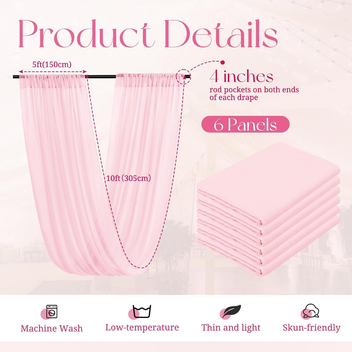 6 Panels Pink Ceiling Drapes for Wedding, 5ftx10ft Ceiling Drapes Cheesecloth Sheer Fabric Curtain Wedding Arch Draping Fabric Romantic Ceilings Decorations for Weddings Party Ceremony Stage