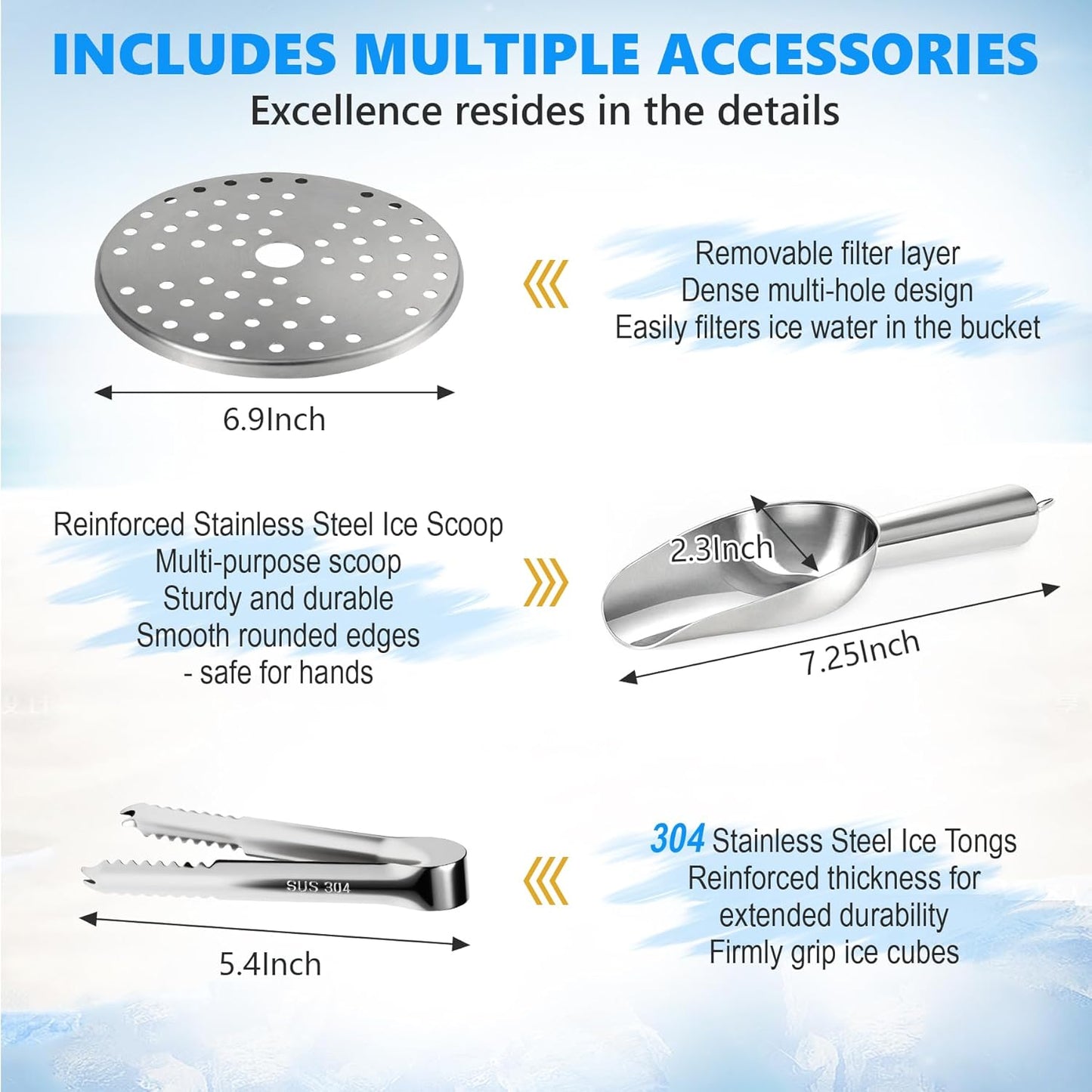 Ice Bucket, Ice Bucket with Silicone Sealing Ring Double-Wall Vacuum Insulation Champagne Buckets with Filter Layer Ice Tongs Ice Scoop (Silver, 4 L)