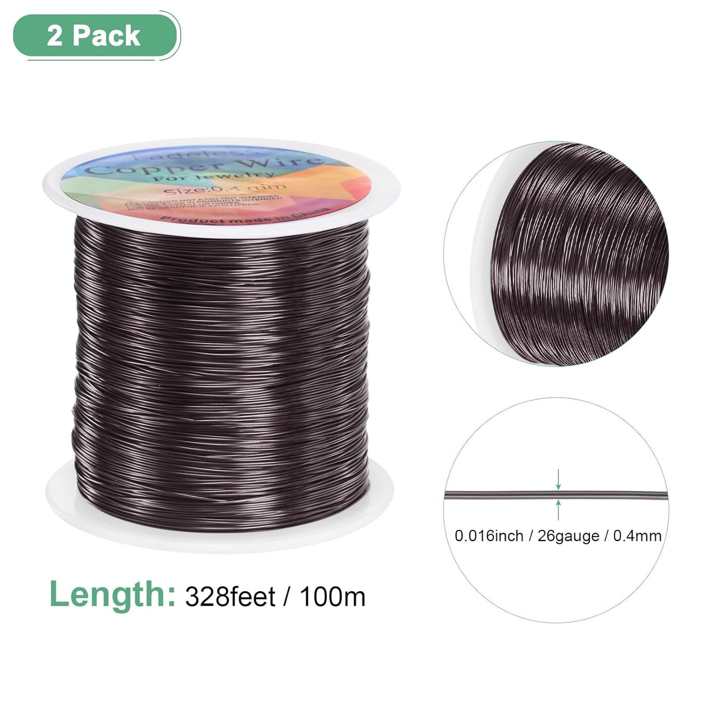 2-Rolls 0.4mm Jewelry Wire, 26 Gauge 328FT Craft Wire Copper Beading Wire for Jewelry Making/Planting/Weaving/DIY Crafting, Soft Metal Wires [100M, Metallic Black]