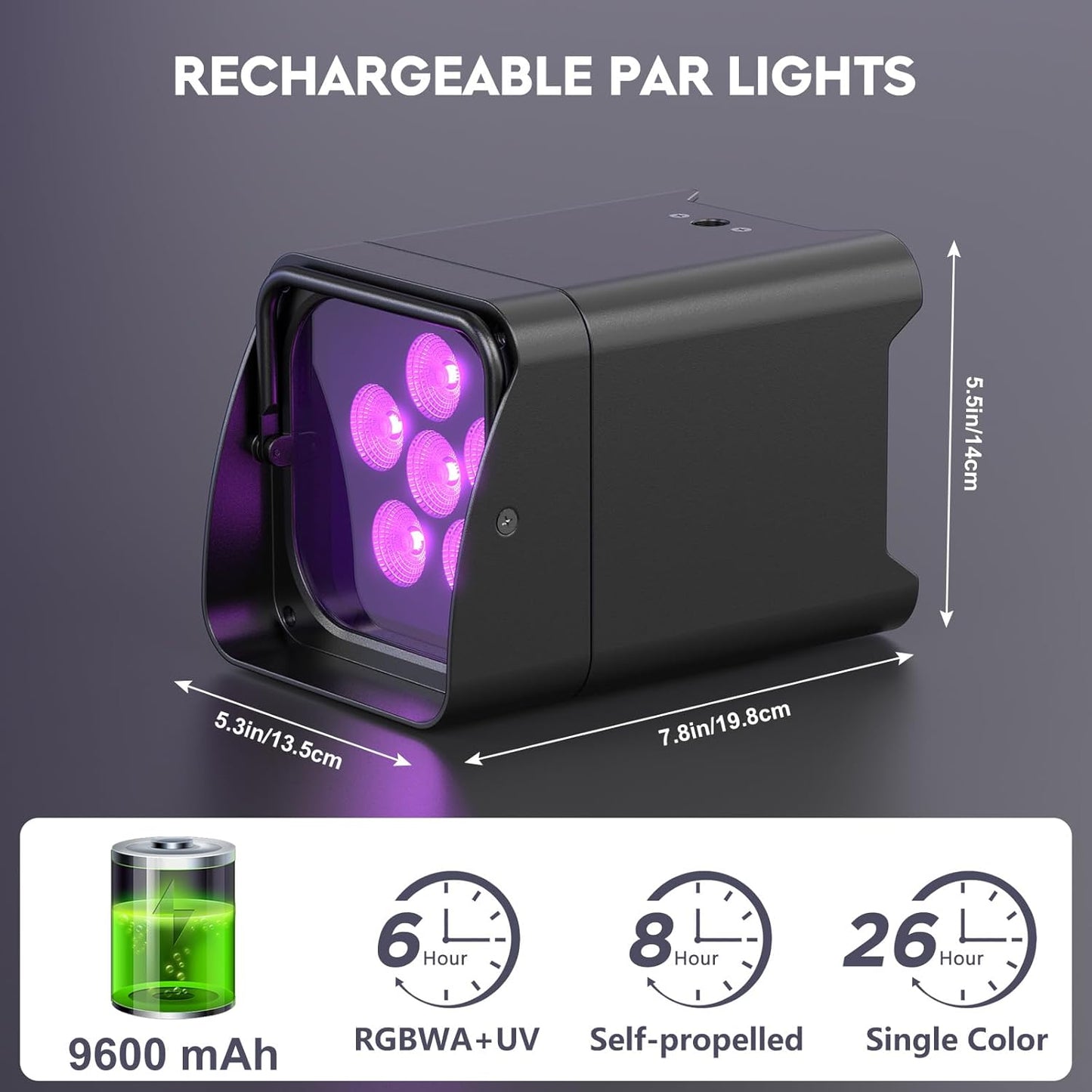 9600mAh Wireless Uplights, 6x18W RGBWA UV Rechargeable Stage Lights, APP/DMX512/Remote Controlled Par Lights, Battery Powered Uplights for Show, Party, Festival, Event, 2 Pack