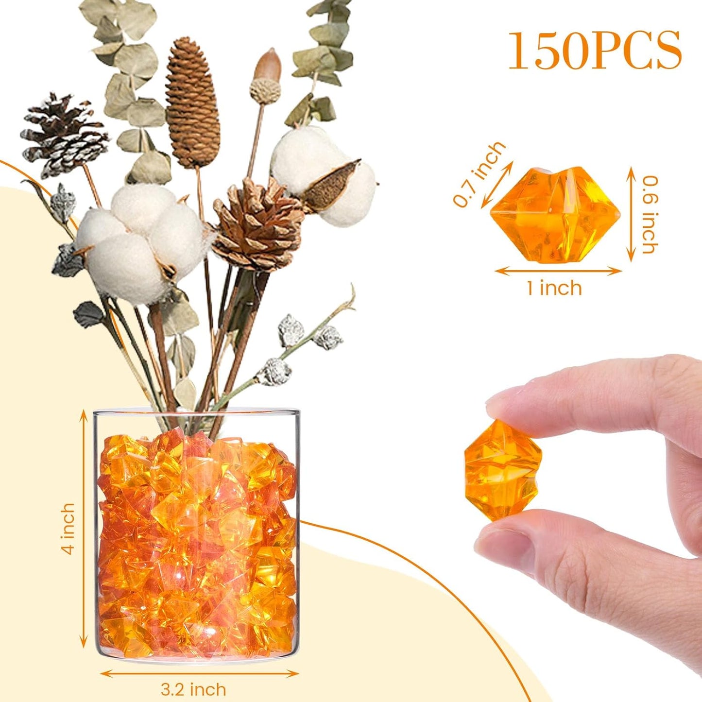 DomeStar Orange Fake Crushed 150 PCS Fake Diamonds Plastic Acrylic Clear Ice Rock Diamond Crystals Fake Ice Cubes Gems for Home Decoration Wedding Display Vase Fillers
