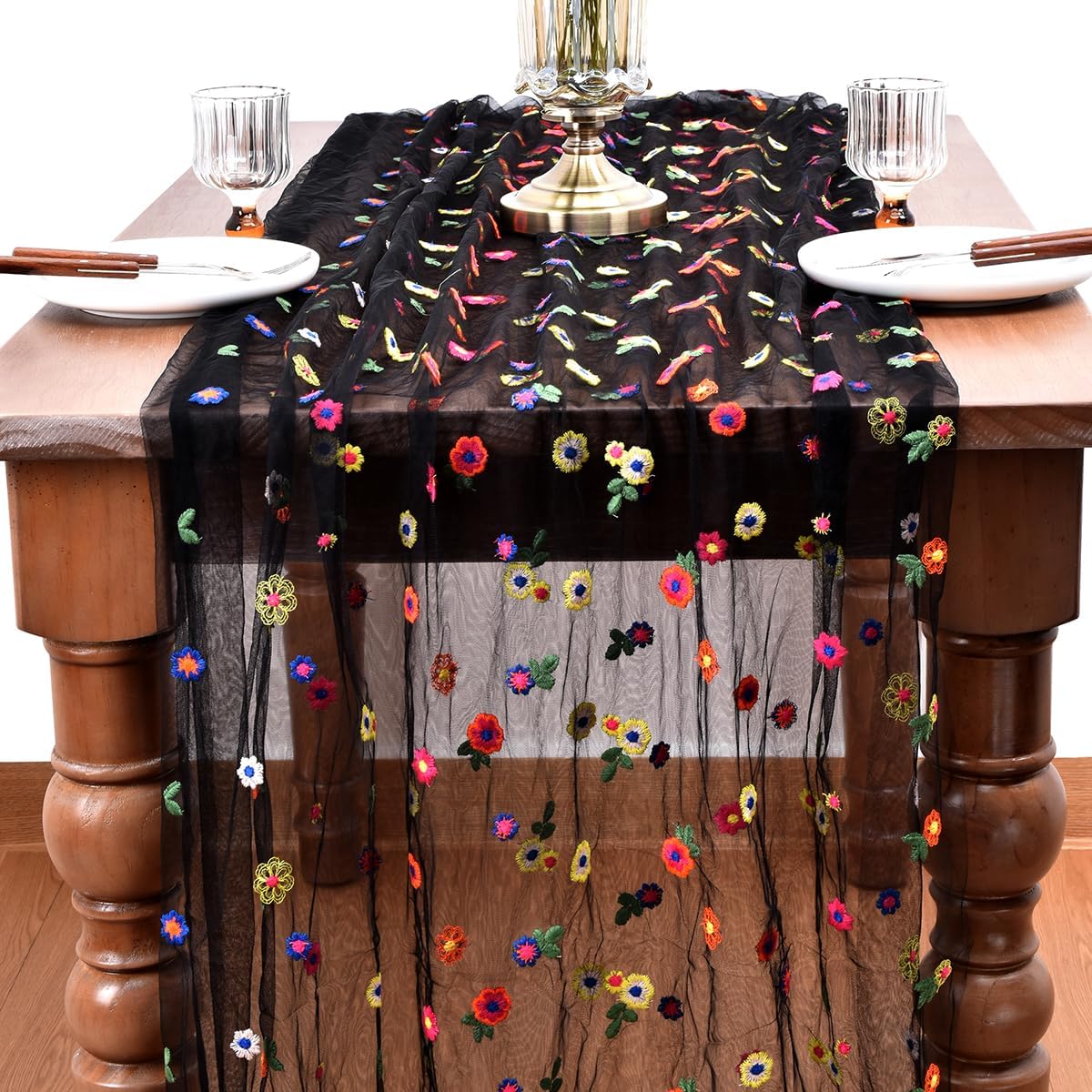 Joanlody Black Embroidery Daisy Fall Thanksgiving Table Runner 10ft Florals Seasonal Tulle Table Runner Holiday Kitchen Dining Table Decoration for Home Party Indoor