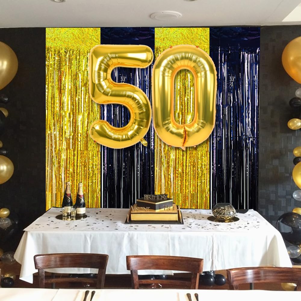 BEISHIDA 4 Pcs Black and Gold Party Streamers Fringe Foil Curtain Backdrop Tinsel Background Party Decoration for Door Wall Graduation Birthday Wedding Anniversary Christmas Party Decoration