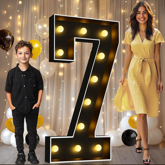 Pooqla 4 FT Light Up Marquee Numbers, Black Marquee Number Lights 4 Feet Tall for 7th 17th 70th Birthday, Giant Letter Big Mosaic Numbers for Balloons Party Anniversary Wedding Decorations, Number 7