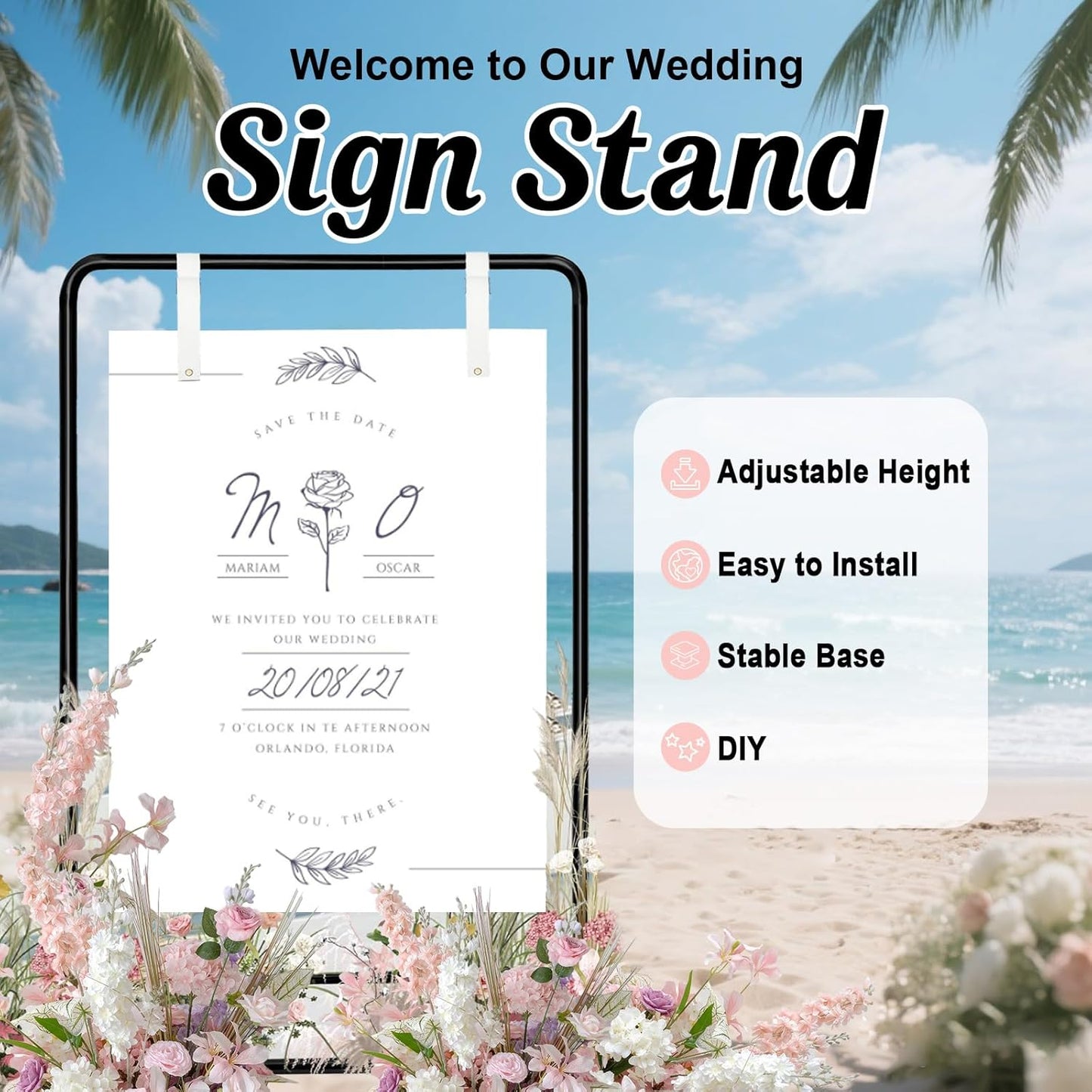 Wedding Welcome Sign Stand, 54" Adjustable Heavy Duty Metal Easel for Welcome Signs, Seating Charts & Posters - Display Holder for Wedding & Event Decor w/Leather Straps