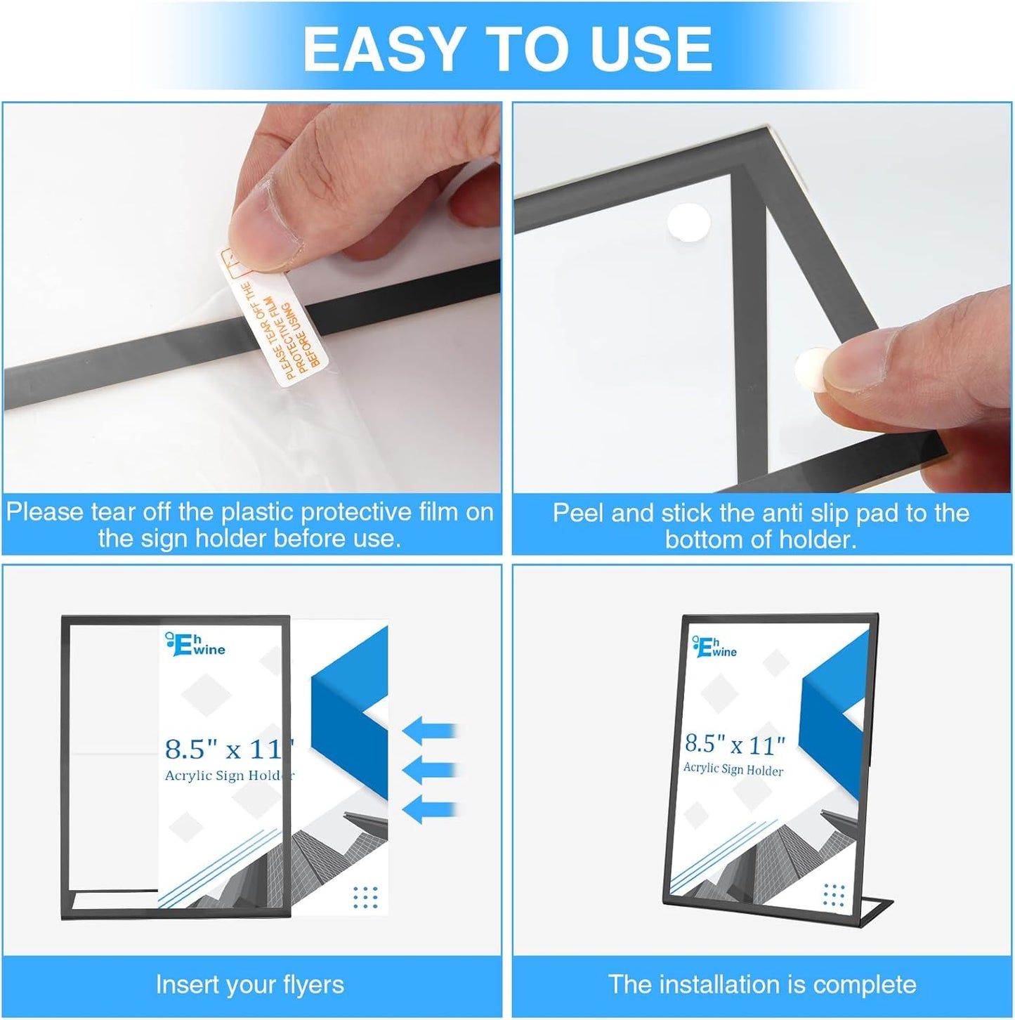 EHWINE 12 Pack Acrylic Sign Holder 8.5 x 11, Black Picture Frame Stand up Table Top Sign Holders, Slanted Back Paper Holder Clear Display Stand Menu Flyer Holder for Wedding Party