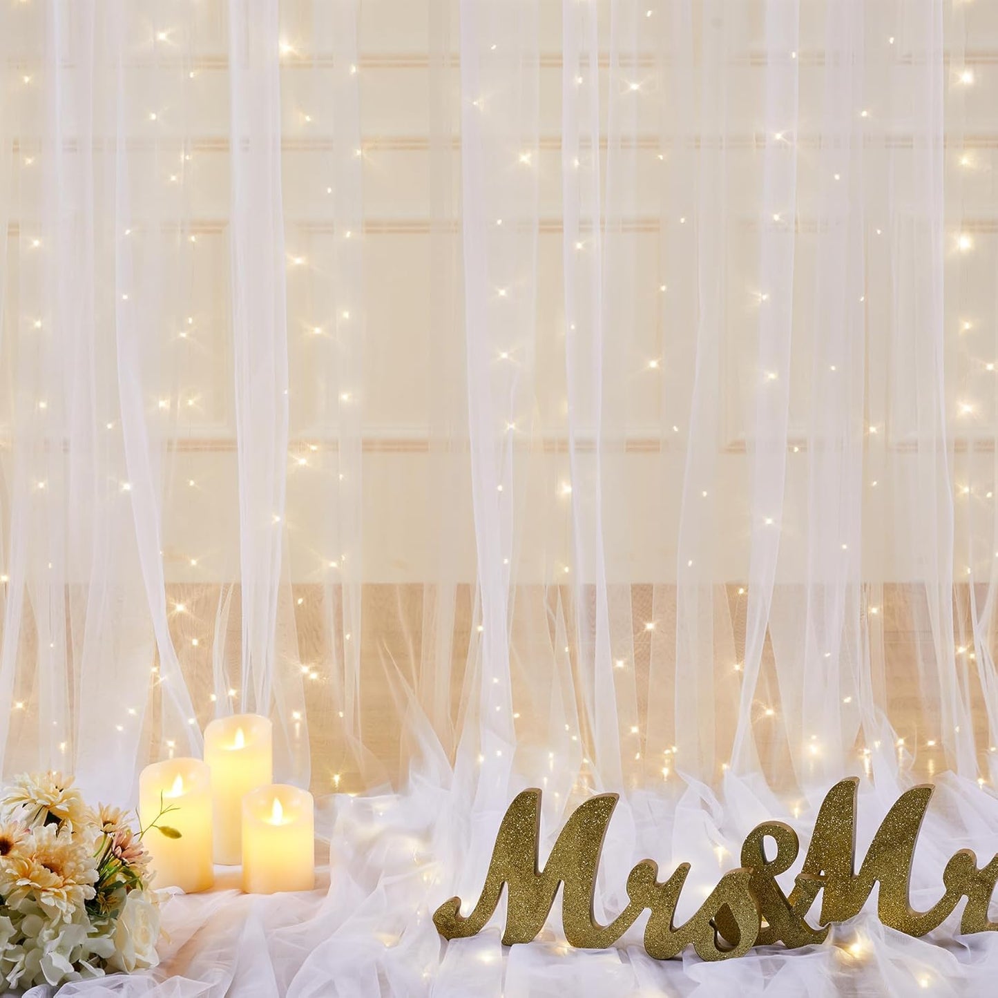 20x10ft White Tulle Backdrop Curtains with Lights for Party Wedding Baby Shower, Sheer Wrinkle Free Backdrop Curtains for Birthday Party Photo Booth Background Decoration