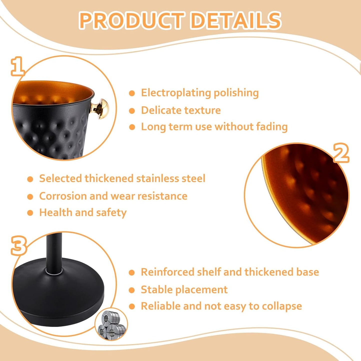 Champagne Ice Bucket with Stand, Stainless Steel Wine Chiller Bucket Stand, Black Gold Ice Bucket with Carrying Handle for Wine Beverage Champagne Beer KTV Club Bar Christmas Party, 92cm 15LB