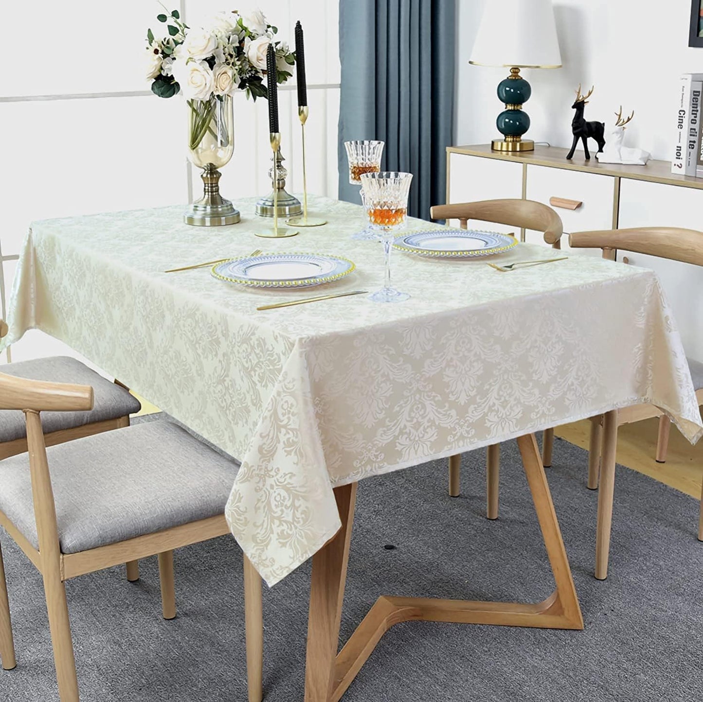SASTYBALE Rectangle Tablecloth - 60 x 102 Inch Beige Cream Damask Table Cloth Jacquard Design Spill Proof Wrinkle Resistant Waterproof Soft Polyester Oblong Table Cover for Kitchen Parties(Ivory)