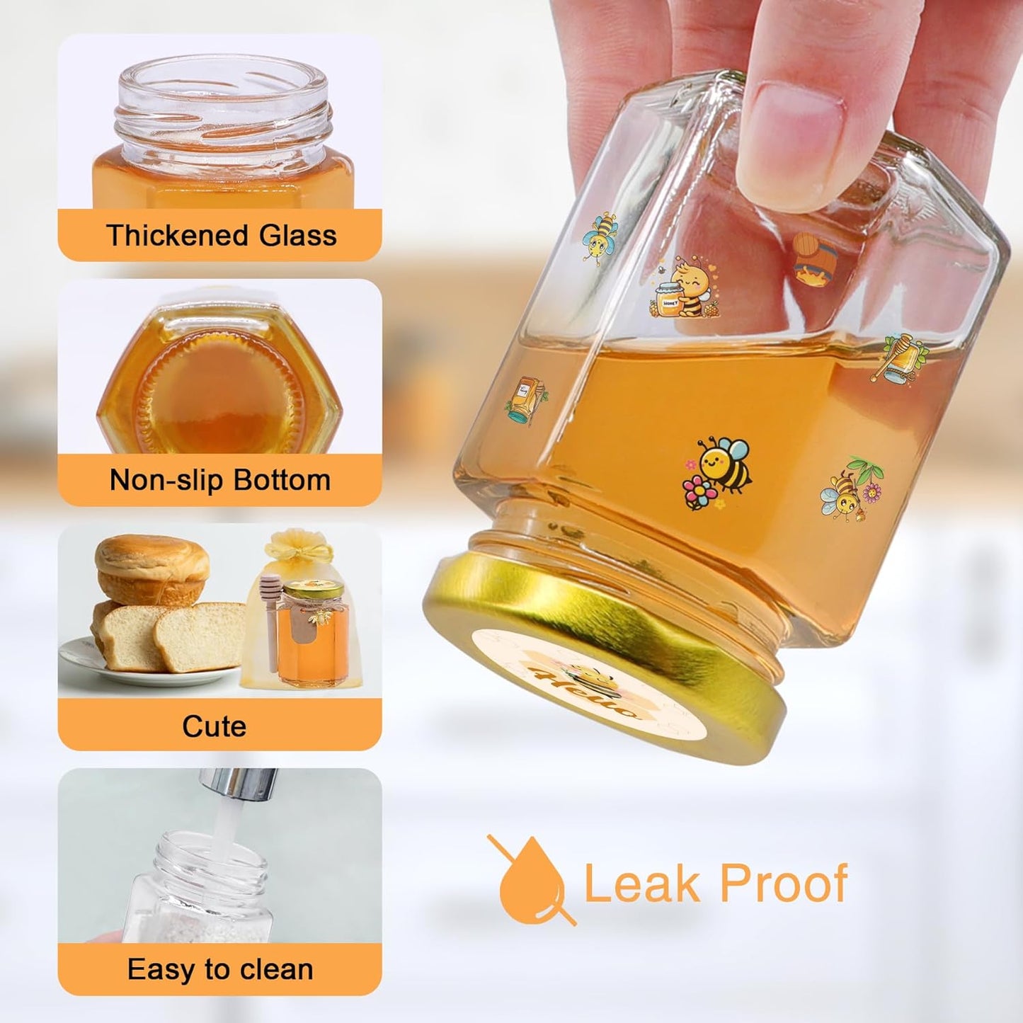 35 Pack 4 oz Mini Hexagon Glass Honey Jars with Dippers, Gold Lids, Bee Stickers, Bee Charms, Gift Bags & Jute– Empty Small Honey Jars for Party Favors Bulk, Ideal for Baby Showers ＆ Weddings