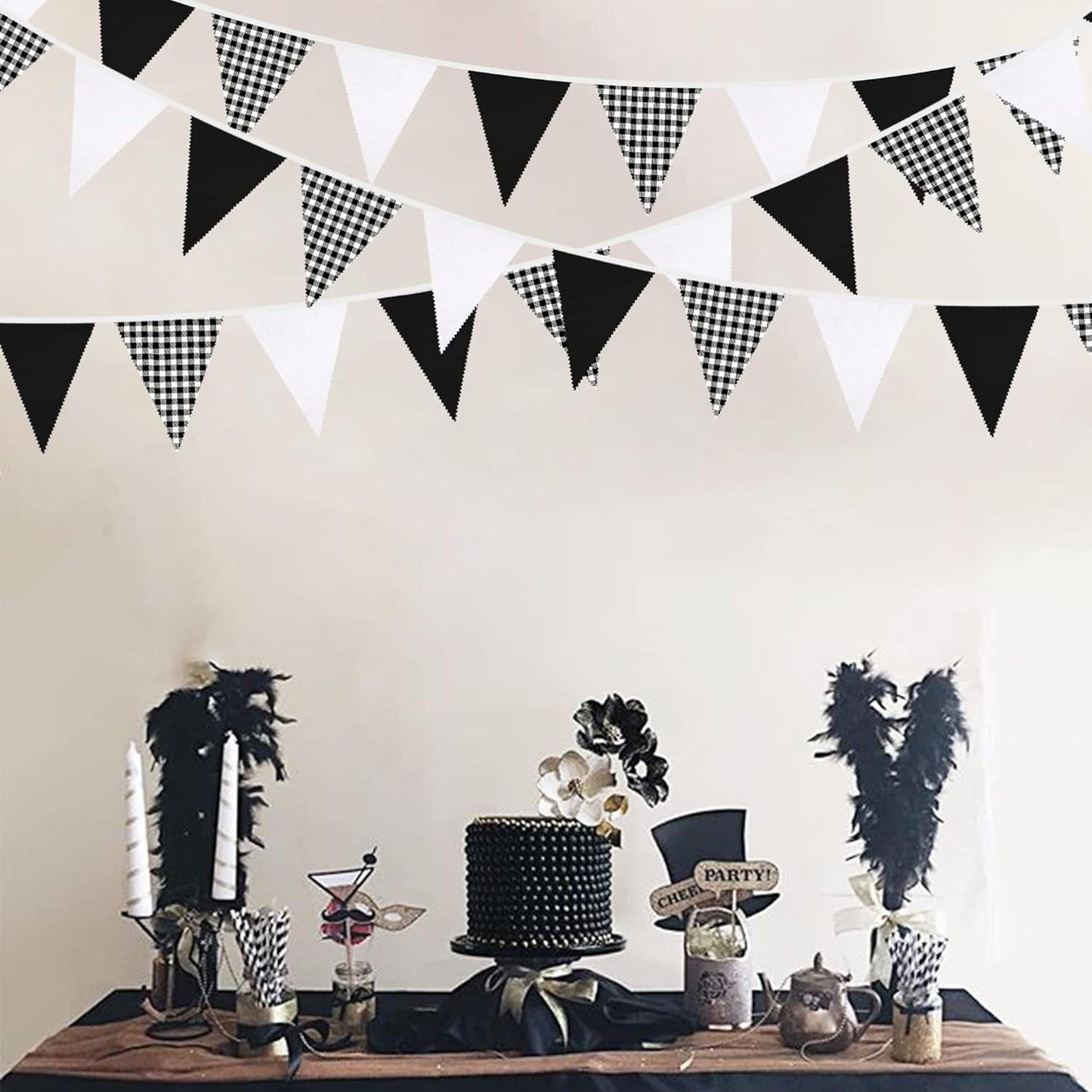 32Ft Black Party Decorations Black Buffalo Plaid Checkered White Triangle Flag Gingham Pennant Bunting Fabric Garland for Racing Car Party BBQ Birthday Wedding Carnival Picnic Outdoor Home Decor