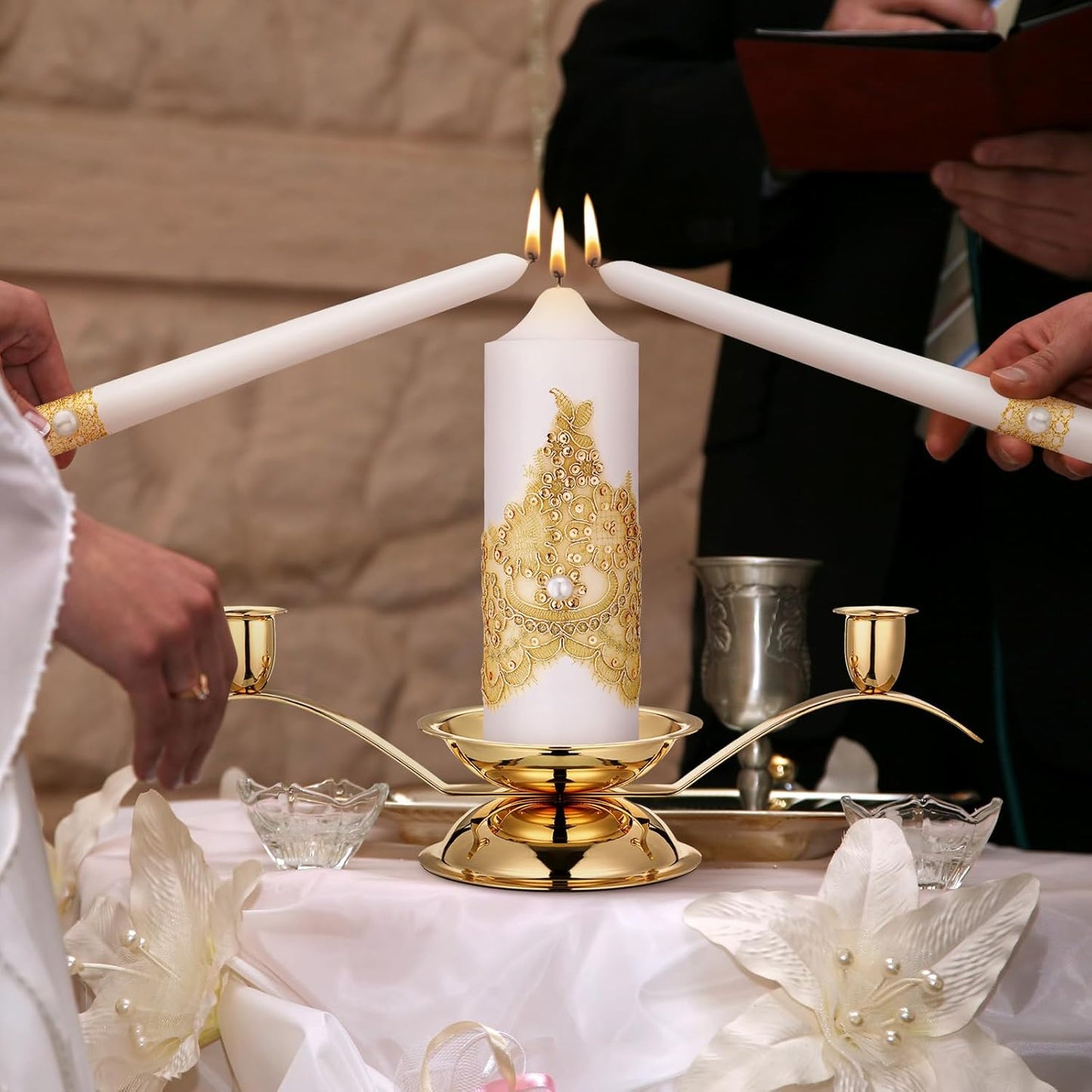 Irenare Unity Candles with Holder for Wedding Ceremony Wedding Decortions Accessories Glass Candle Holder Pillar Candle for Formal Events Church(Gold Wedding)