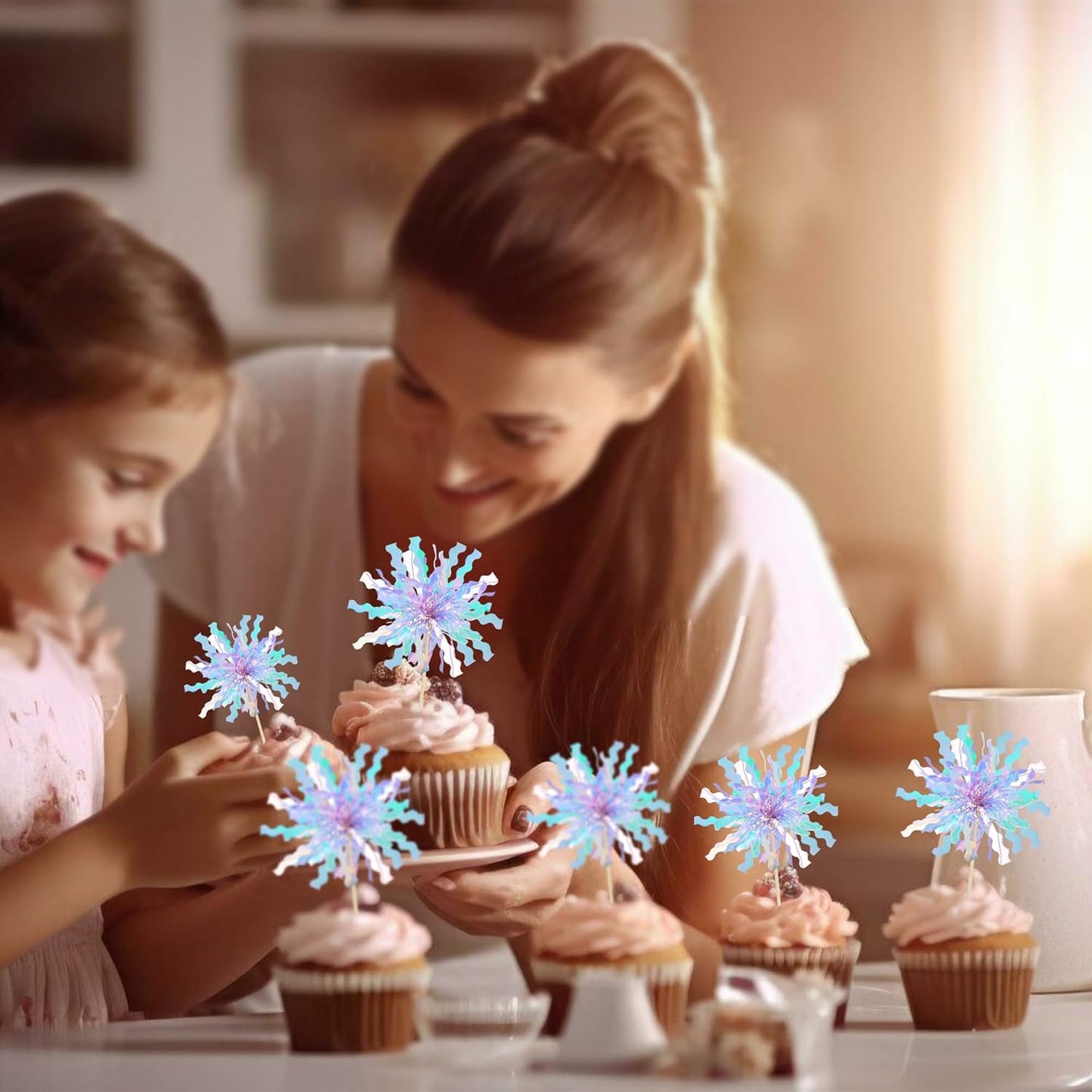 Gyufise 20Pcs Foil Firework Cupcake Toppers Happy Birthday Cake Toppers Sparkle Tinsel Flower Drink Stirrers Cocktail Food Fruit Toothpicks for Valentine's Day Party Supplies Light Blue