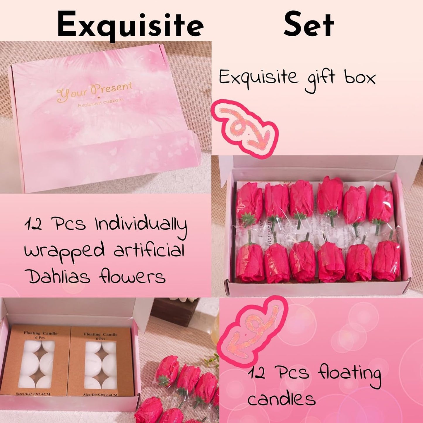 24 Pcs Floating Candles for Centerpieces and Floating Flowers Artificial Flowers Head Vase Filler for Party Home Table Wedding Centerpieces Decoration (Rosered)