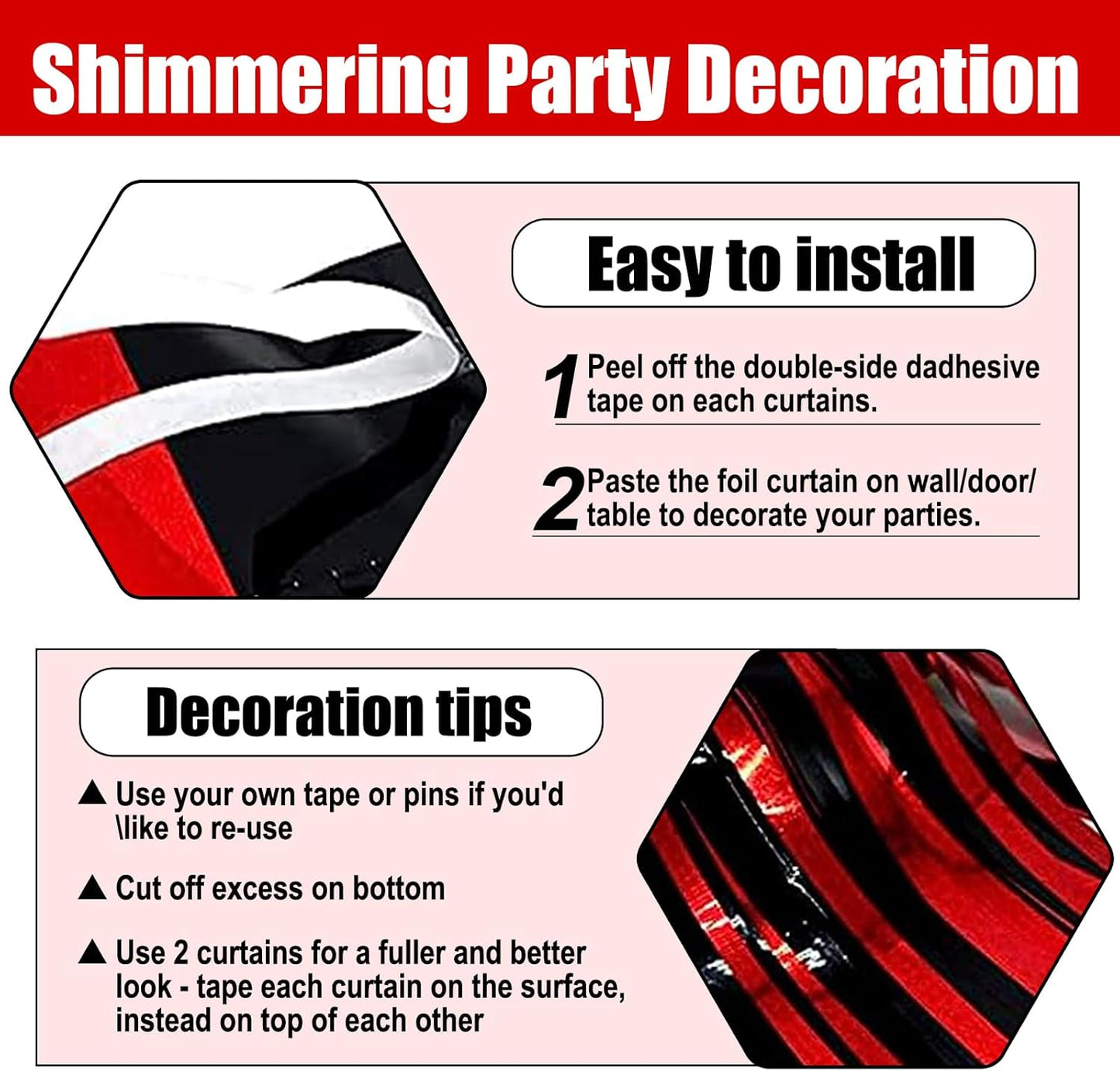 3 Pack Black Red Foil Fringe Curtain Backdrop, 3.28Ft x 8.2Ft Metallic Tinsel Foil Fringe Streamer Curtains for Photo Booth, Christmas Day, Thanksgiving, Wedding, New Year Party Decorations