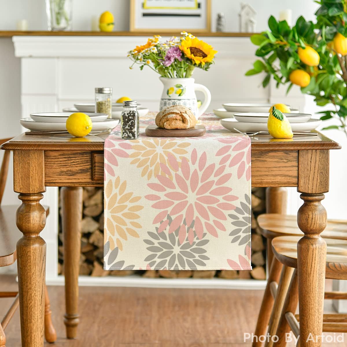 Artoid Mode Pink Dahlia Floral Pinnata Summer Table Runner, Spring Kitchen Dining Table Decoration for Home Party Decor 13x90 Inch
