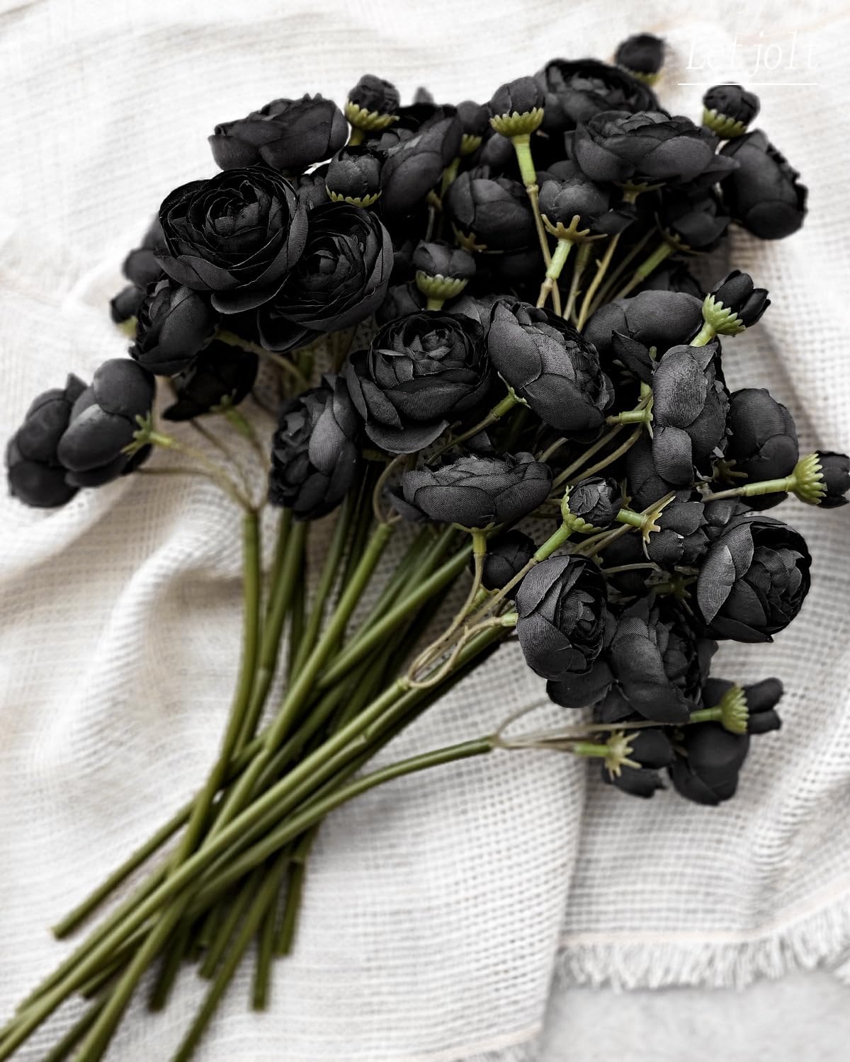 Letjolt Ranunculus Artificial Flower 18 Pcs Black Silk Ranunculus Wedding Bouquet Engagement Centerpieces Arrangements Bridal Shower Decorations Home Decor, Black