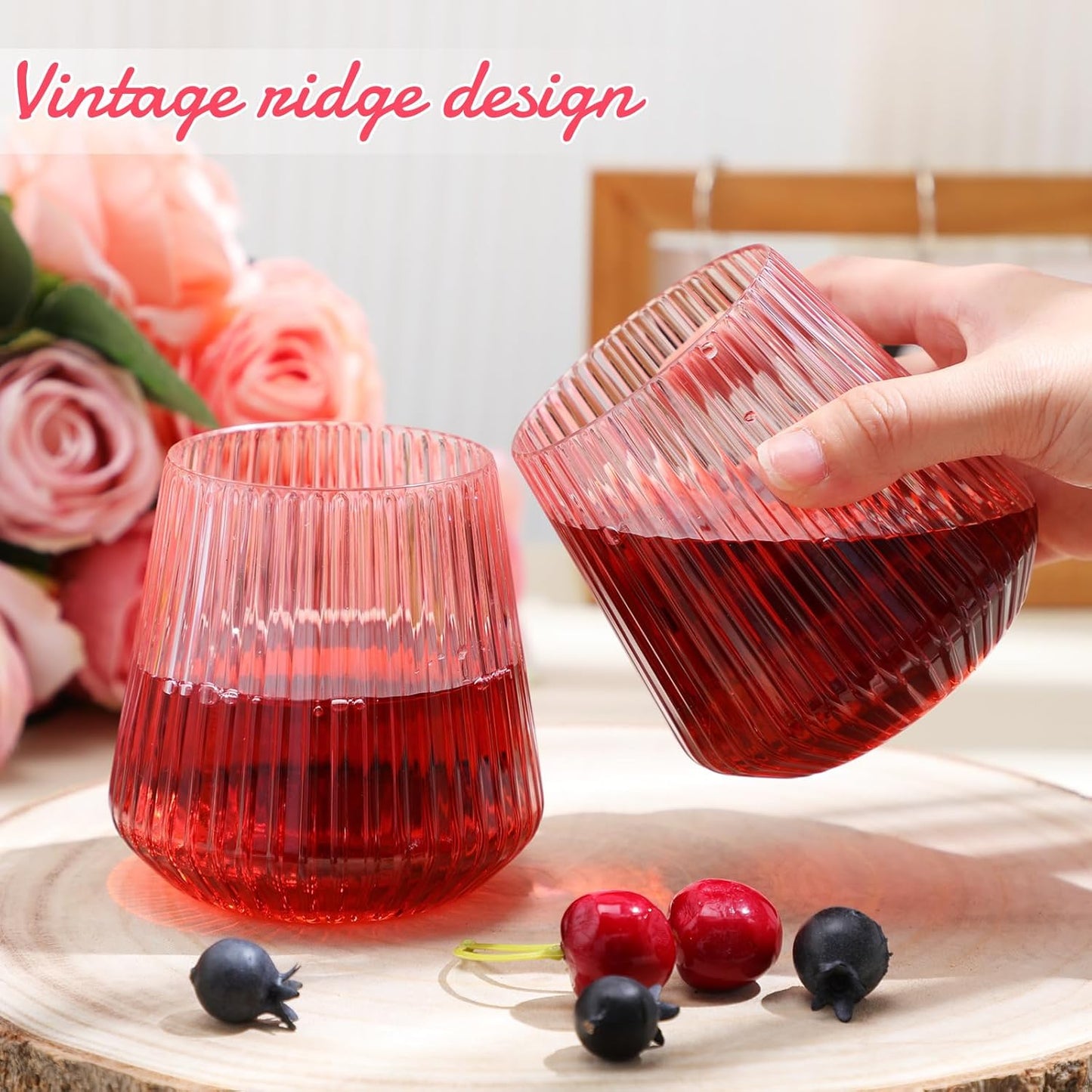 Suclain 50 Pcs Plastic Wine Glasses Pink Ribbed Stemless Wine 14oz Vertical Design Unbreakable Cups for Outdoor Indoor Vintage Elegant Champagne Whiskey Glasses for Christmas Party Wedding