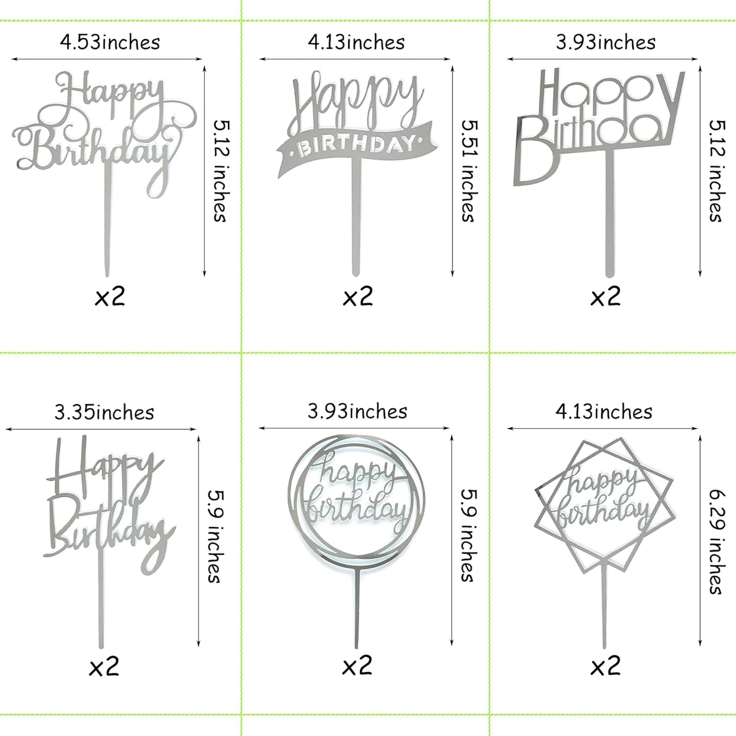 12 Pack Multi Styles Birthday Cake Topper Set, Acrylic Cake Bunting Decor Birthday Cake Picks Party Decorations Supplies(Silver)