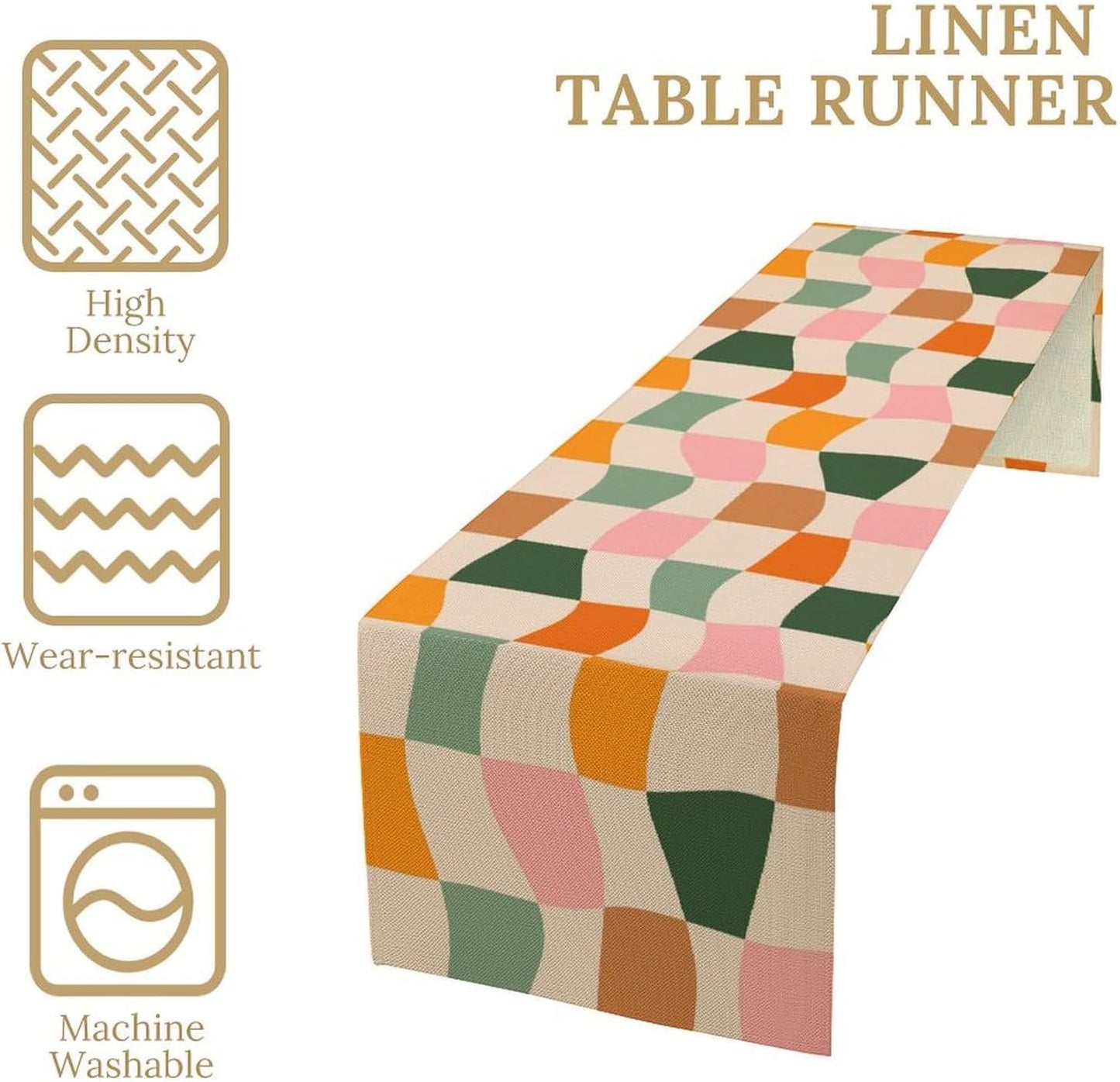 Hippie Table Runner, Vintage Geometric Square Orange Green Pink Grid 60s 70s Style Kitchen Dining Room Decor for Indoor Outdoor Wedding Party Table Runner 13x70 Inch