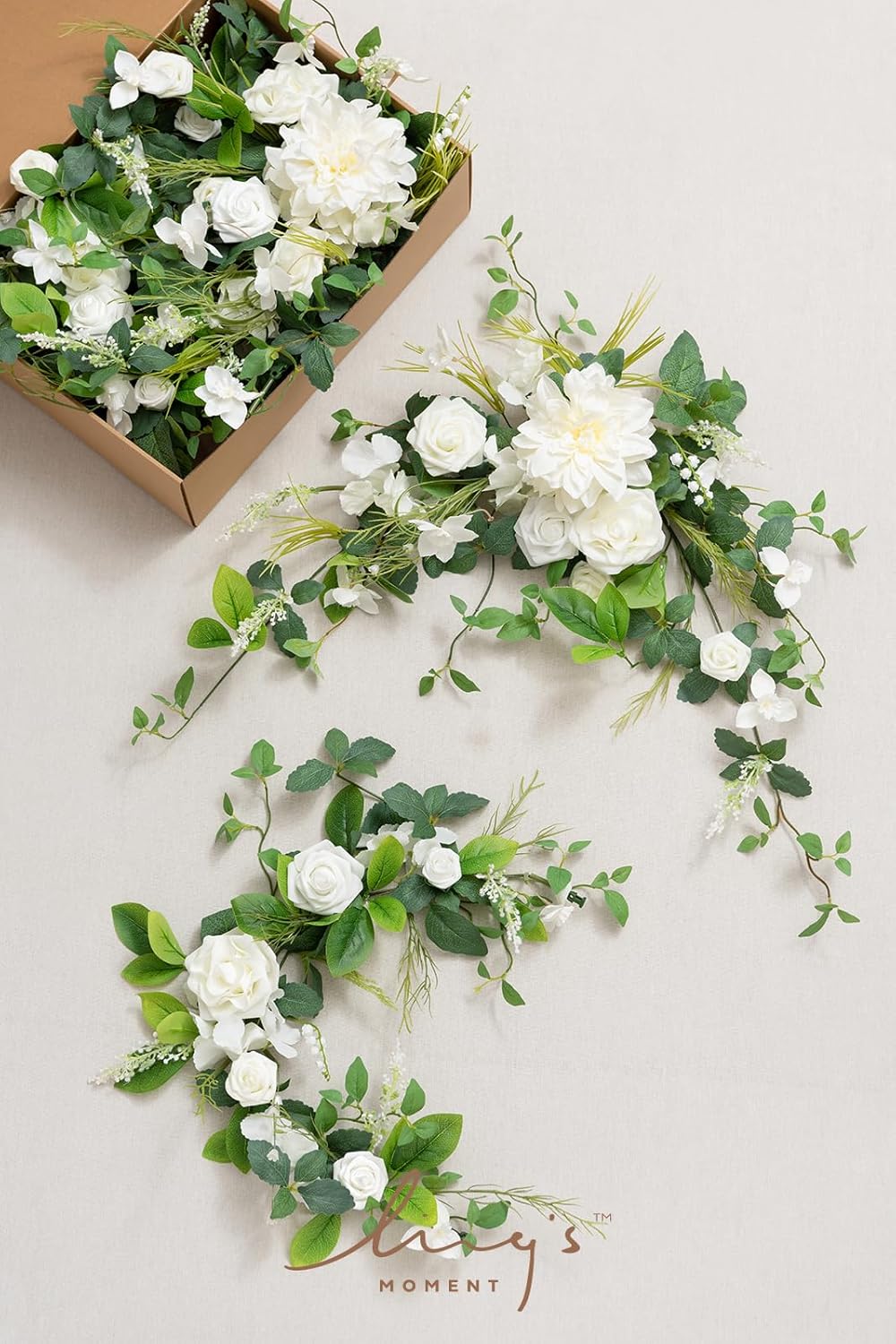 Ling's moment 9FT Flower Garland for Backdrop Decorations - Wedding Arch Flowers, Eucalyptus & Rose, Artificial Floral Garland for Mantle - Sweetheart Table Decor for Ceremony Reception, Lily White