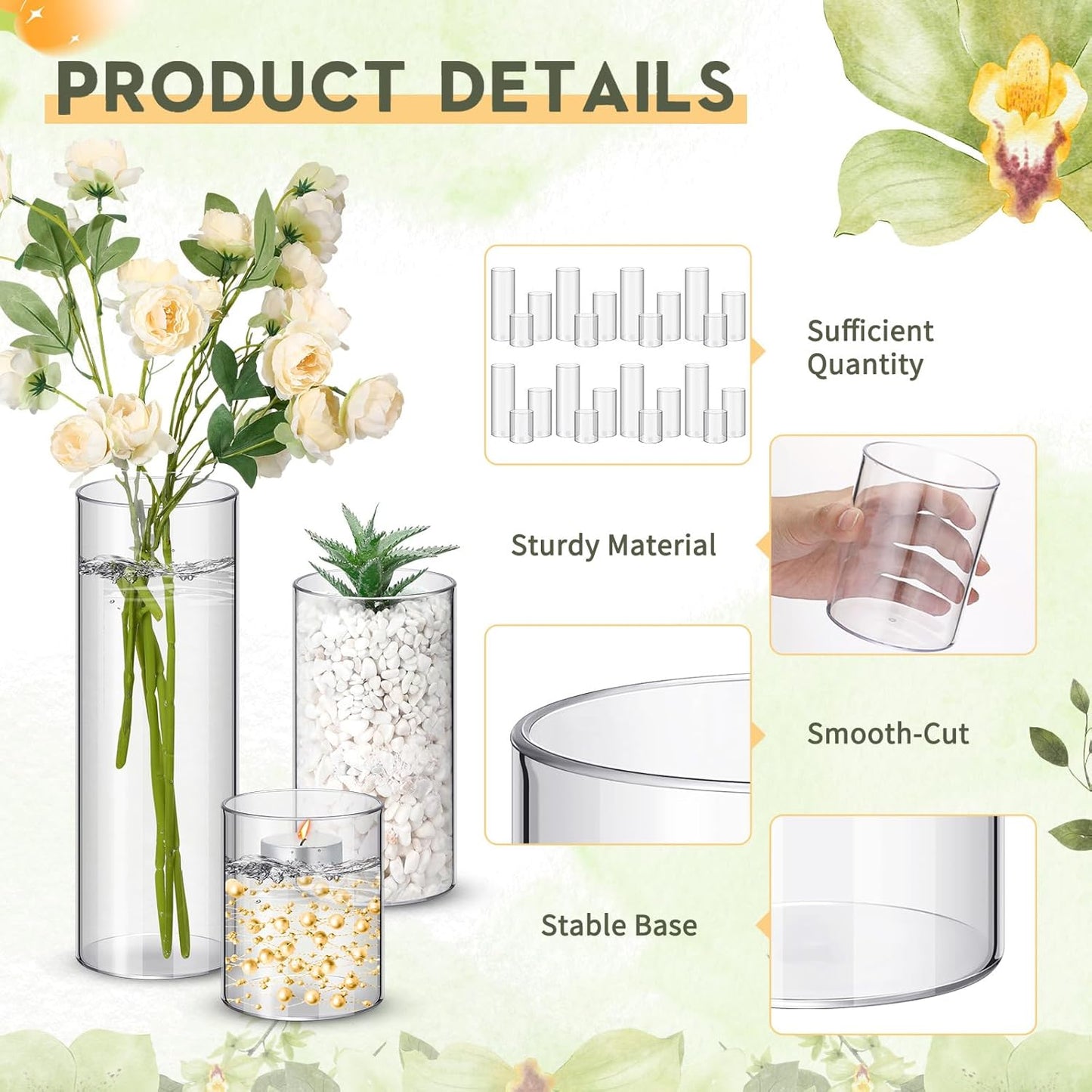 Nuogo 12 Pcs Plastic Cylinder Vases Tall Clear Flower Vases for Centerpieces Hurricane Candle Holder for Home Wedding Office Party Formal Dinners Decorations (4''/6''/8'')