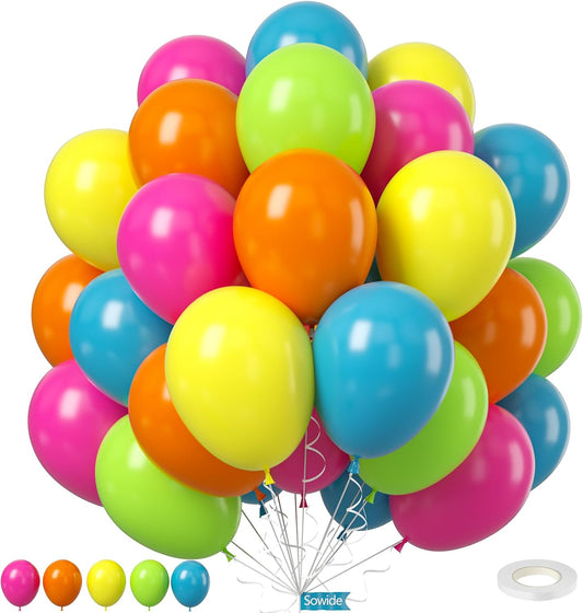 Rainbow Balloons, 50Pcs 12 Inches Yellow Orange Hot Pink Lime Green Neon Balloons Multicolor for Kids Colorful Rainbow Birthday Tropical Pool Party Supplies Baby Shower Backdrop Decorations