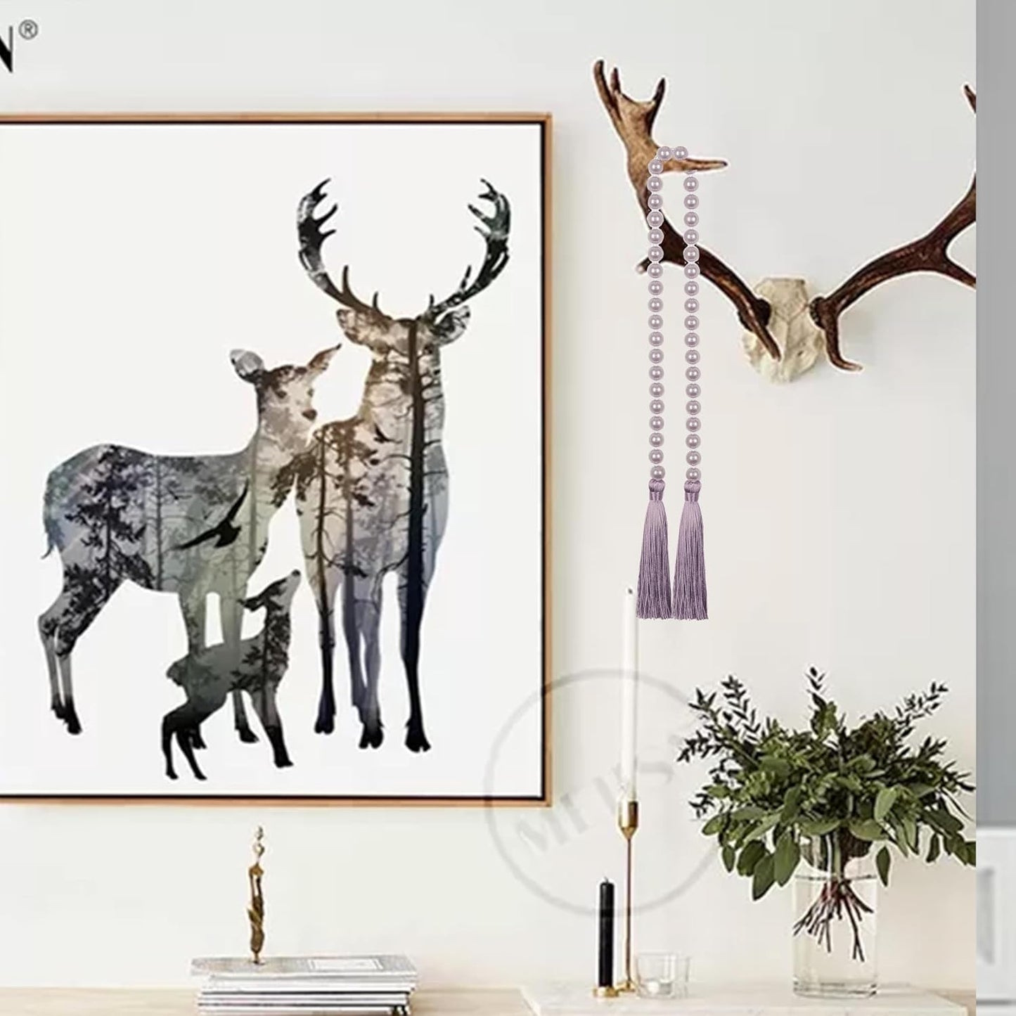 Fenghuangwu 34 Inch Pearl Glass Bead Garland with Tassels - Elegant Boho Table Decor, Fringe Wall Hanging for Wedding, Party, Farmhouse Rustic Prayer Bead Home Decoration(2 Pack,Purple)