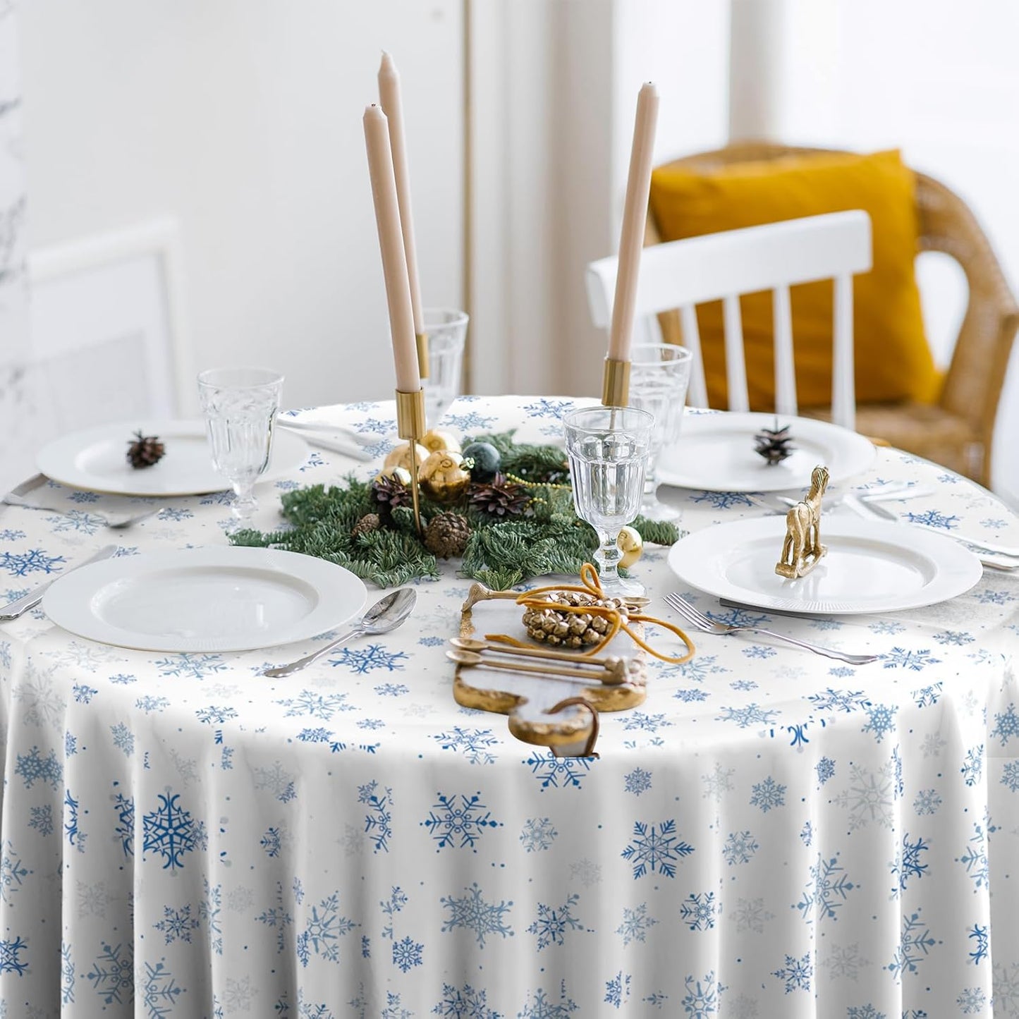 6 Pieces Christmas Snowflake Plastic Party Tablecloth Decorations,Disposable Blue Snowflake White Xmas Round Table Cover Backdrop for Winter Christmas Holiday Party Supplies,84 inch (Blue White)