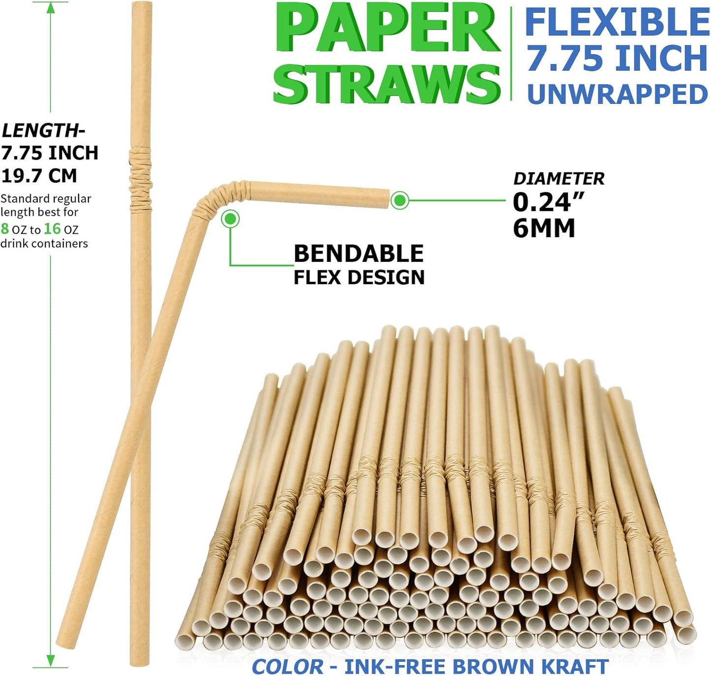 Brown Kraft Bendy Paper Straws, 7.75" x 0.24", 250 Ct. - Eco Friendly Disposable Drinking Straws
