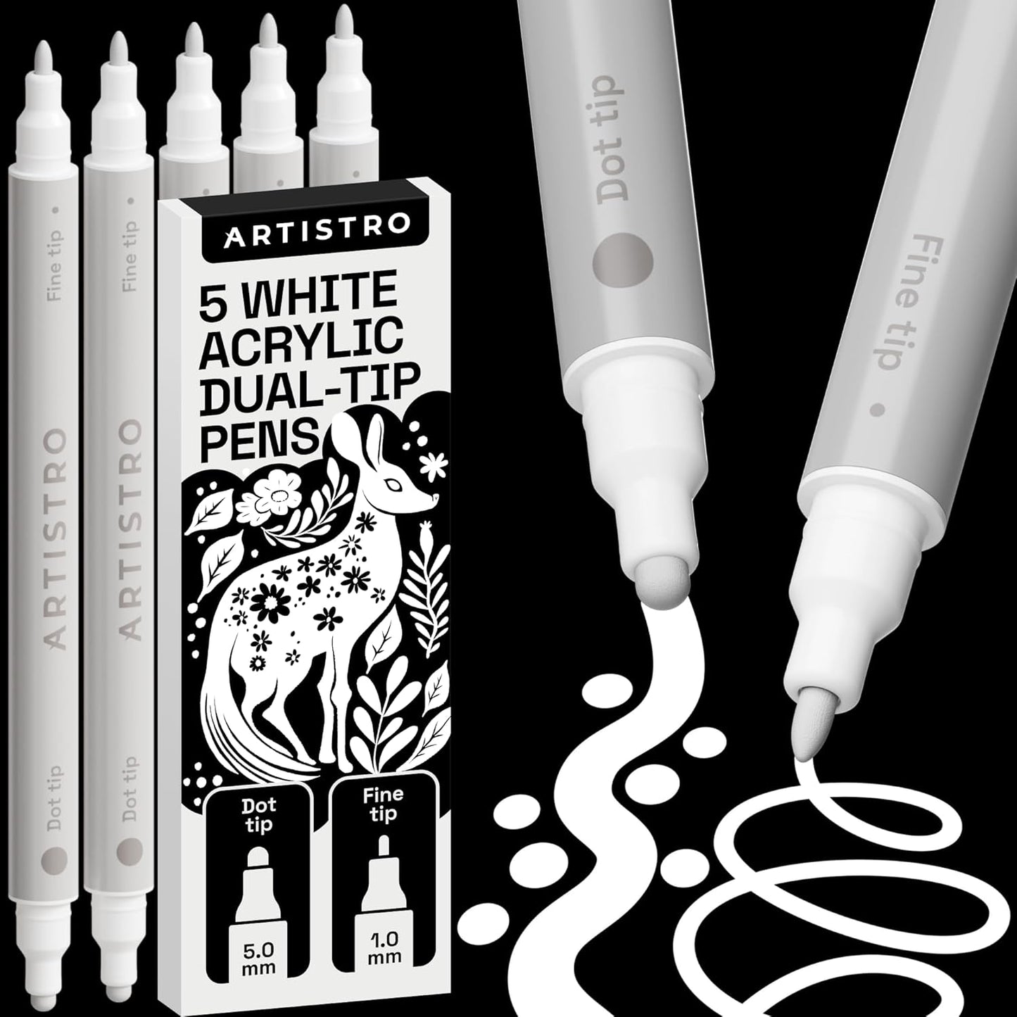 ARTISTRO 5 White Dual-Tip Acrylic Paint Pens for Rock, Ceramic, Glass, Wood, Fabric - White Markers for Acrylic Painting, 5mm Dot + 1mm Fine Tips