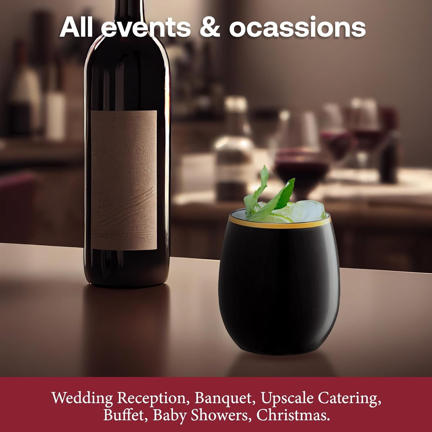 Smarty Had A Party 12 oz Wine Glasses Pack of 64 Black with Gold Stemless Unbreakable Plastic Glasses, Disposable or Reusable for Parties, Weddings, and Events